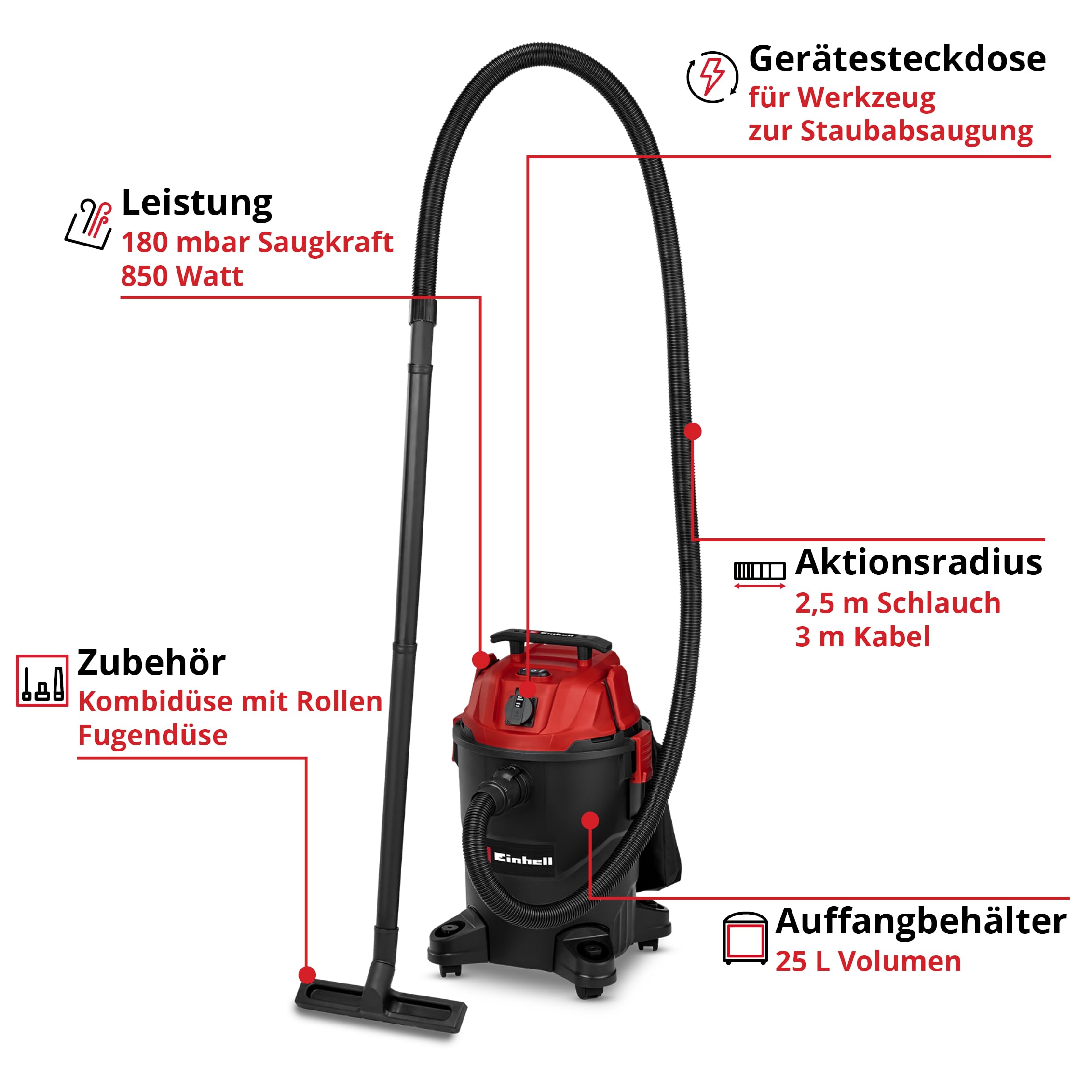 Einhell Nass-Trockensauger TC-VC 2555 A (850 W, 180 mbar Saugleistung, Automatiksteckdose, 25 L Auffangbehälter, Tragegriff, inkl. Düsen, Filter und Schmutzfangsack-Set)