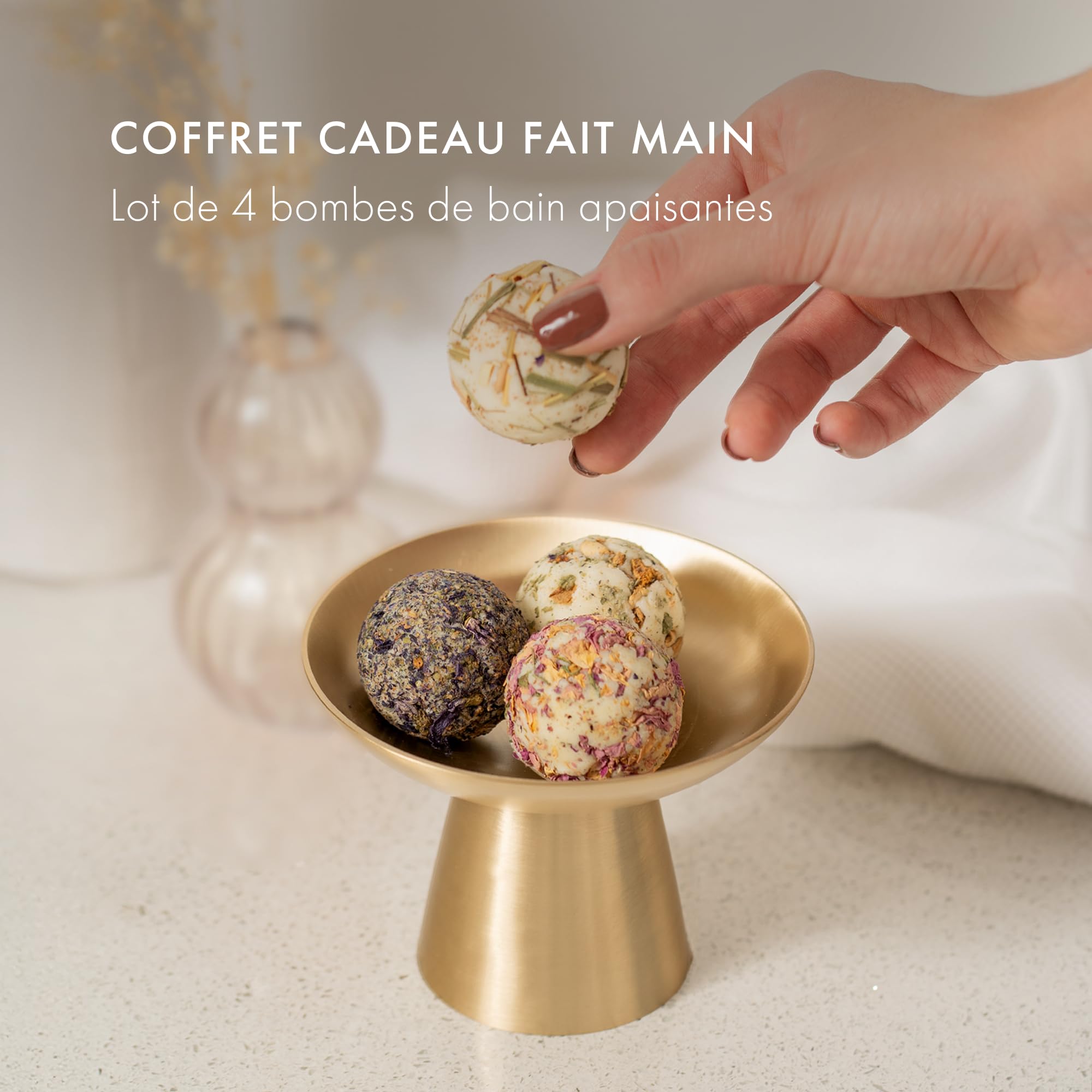 Satin Naturel Coffret 4 Bombes de Bain BIO Luxueuses Vegan – Cadeau Bien-Être pour Femme – Boules de Bain Premium – Idée Cadeau Anniversaire pour Elle – Naturcosmétique