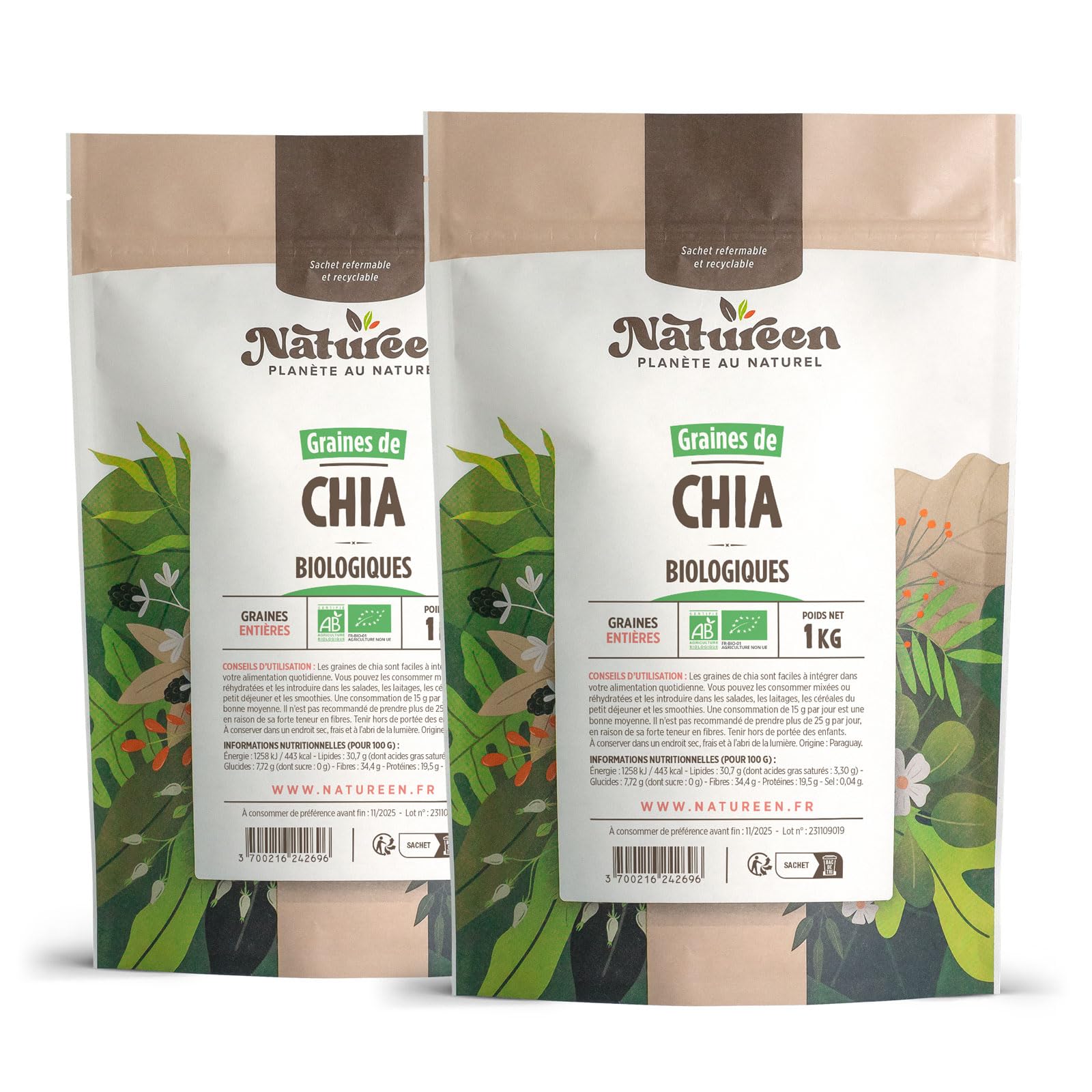 Planète au Naturel Graines de Chia Biologique 2 kg - 2 sachets de 1kg