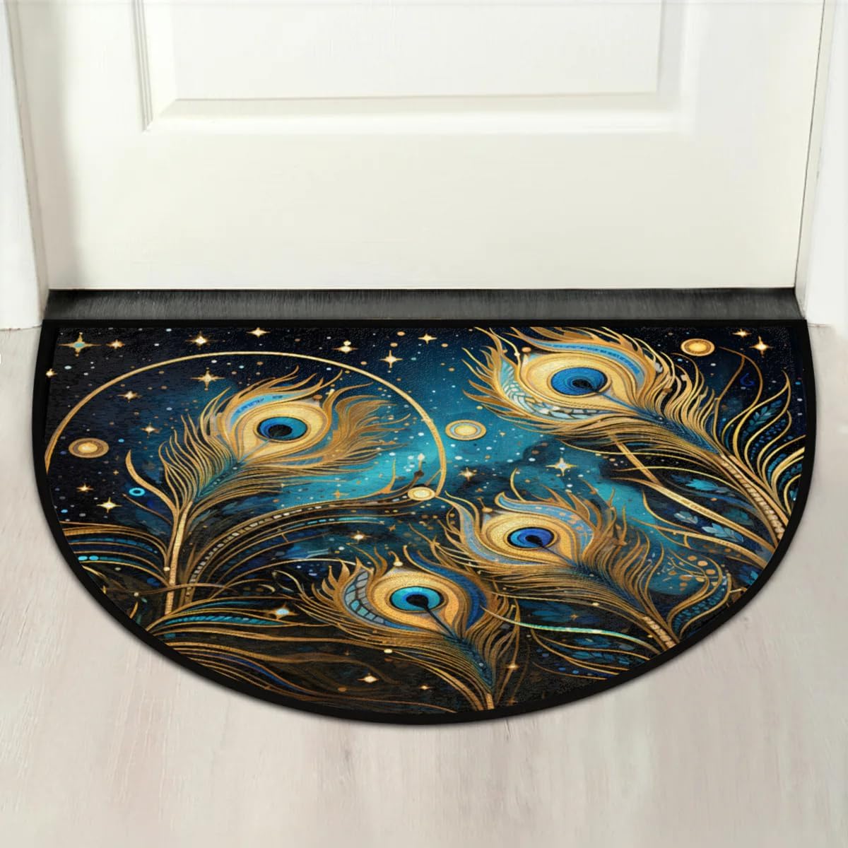 Peacock Feather Funny Half Round Door Mat Non-Slip Absorbent Entrance Welcome Mat for Indoor Washable Semi Circle Floor Mats Area Rugs for Home Kitchen Patio 36x24 Inch