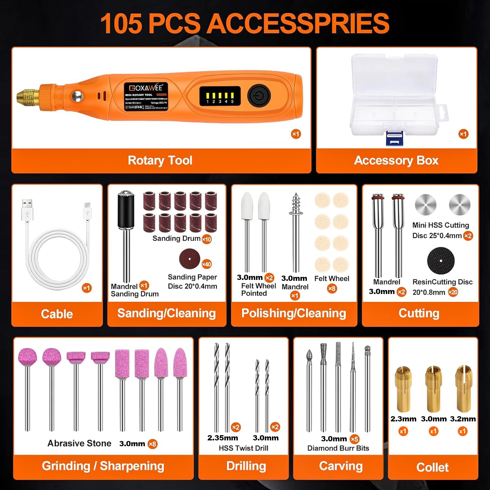 GOXAWEE Mini Rotary Tool Kit - 105Pcs -7