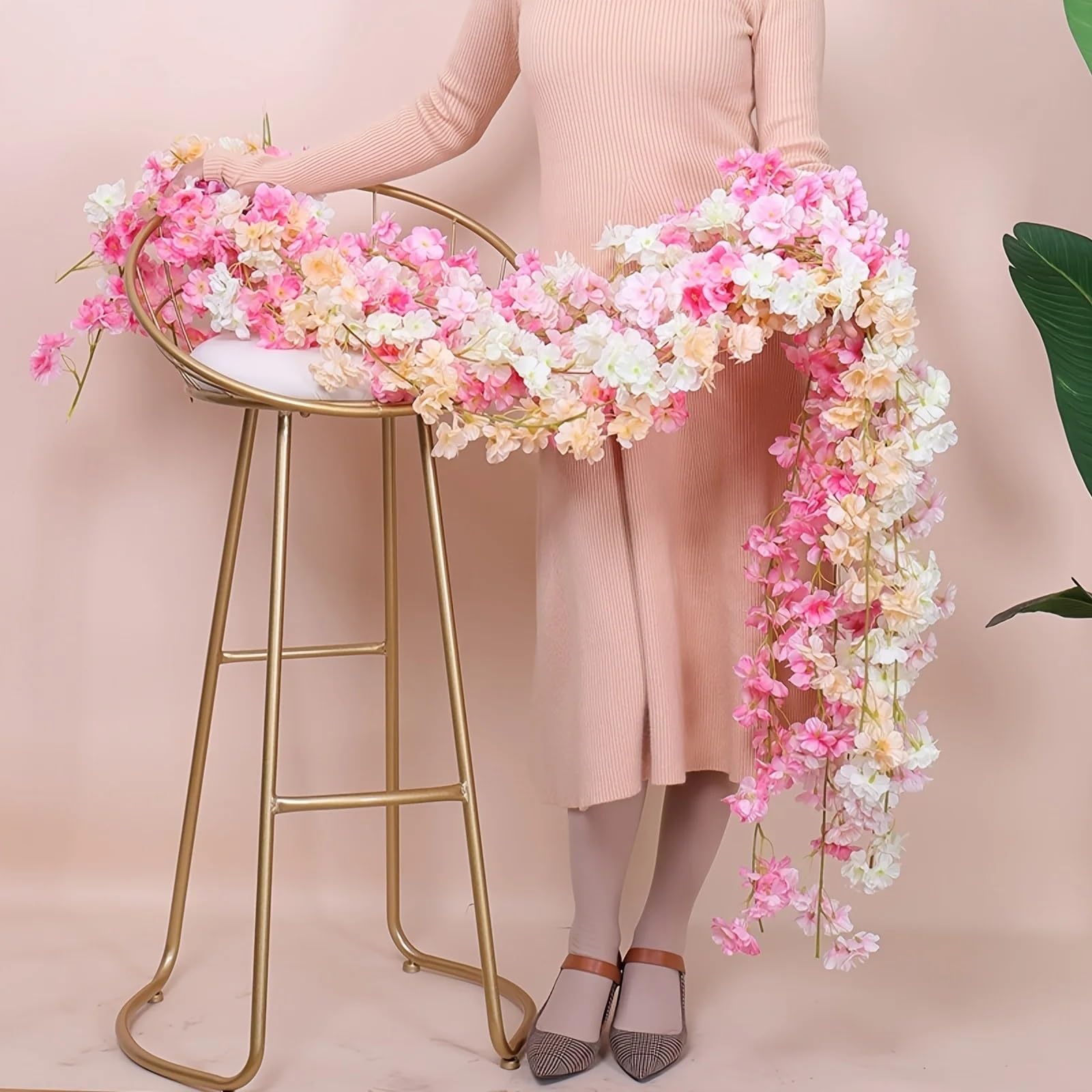 Girlanda rattanowa. Różowa girlanda z wiśni, pnącza, łuk ogrodowy, dekoracja weselna, domowa(1.8m pink)