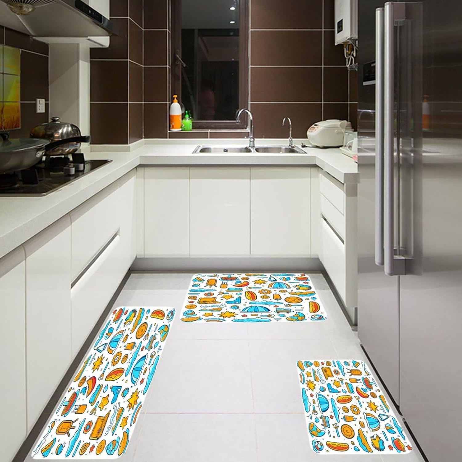 Beach Themed Graphics Kitchen Rugs Set of 3 Non Slip Washable Kitchen Mats for Floor Soft Area Rug Kitchen Floor Mat Cushioned Anti Fatigue Mats Standing Sink Mat Decor Runner Rugs
