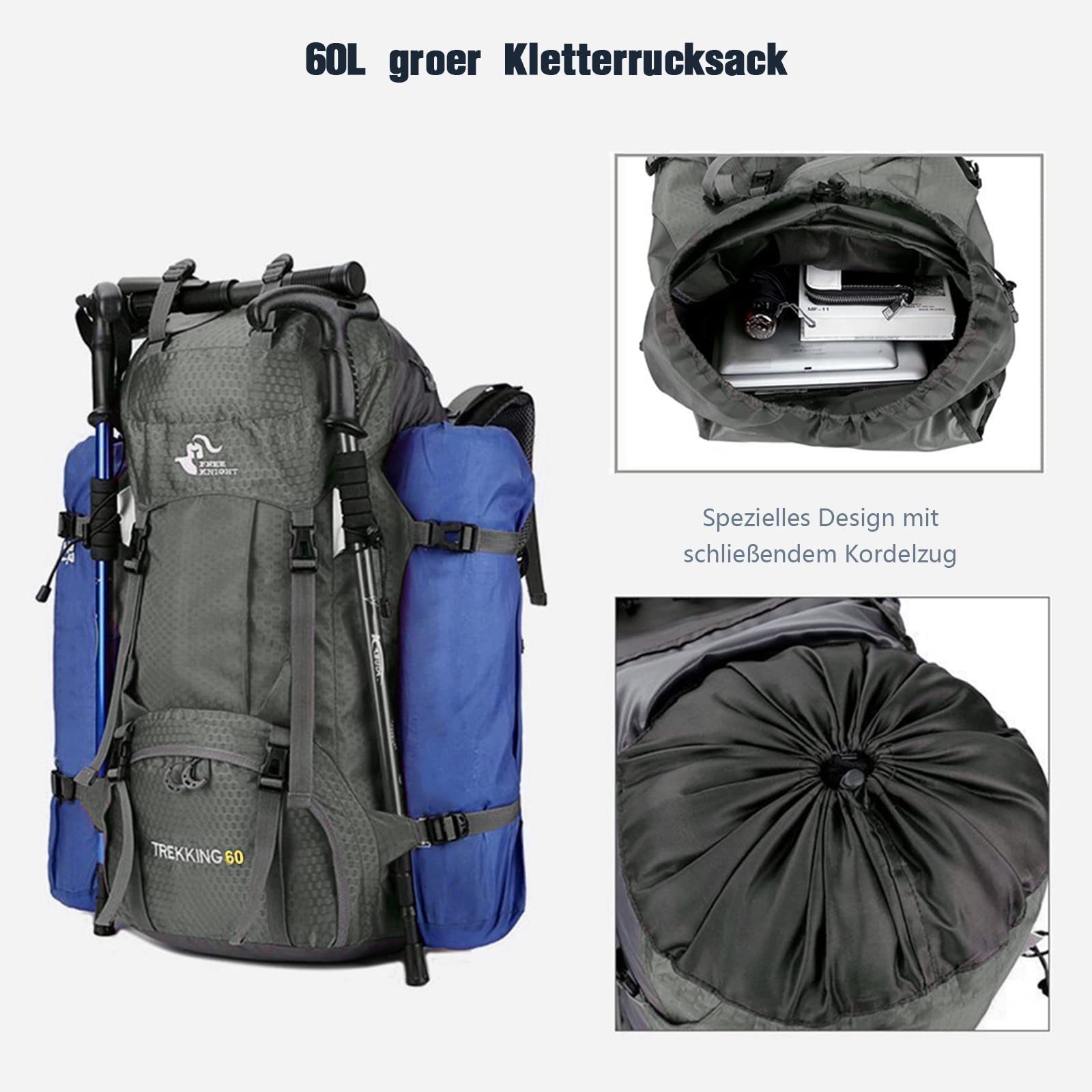 Zaino impermeabile da 60 l, ultraleggero, pieghevole, da viaggio, con protezione antipioggia, grigio., 68