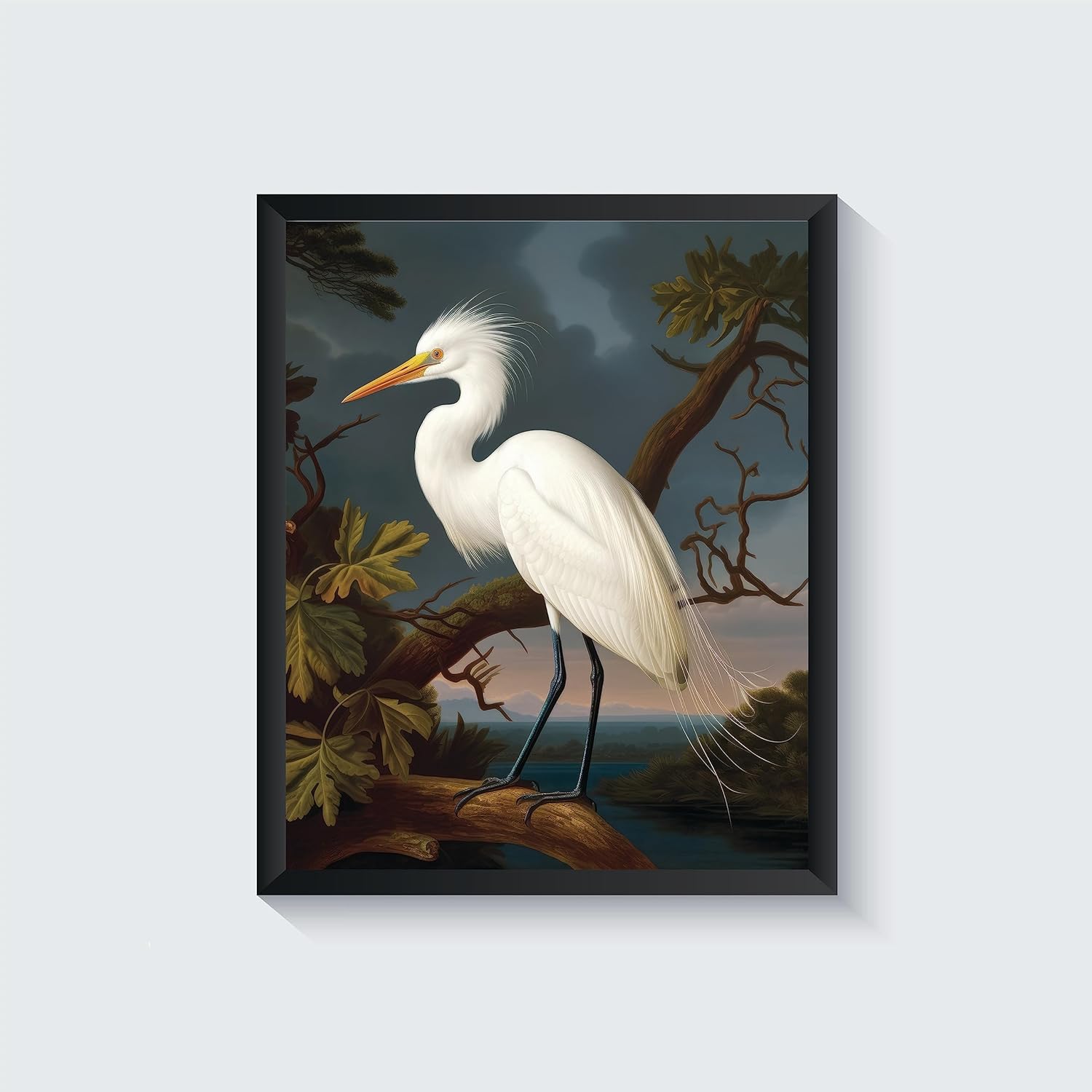Egret Vintage Bird Art Print - Retro Nature Wall Decor, 24x36 inches (Unframed)