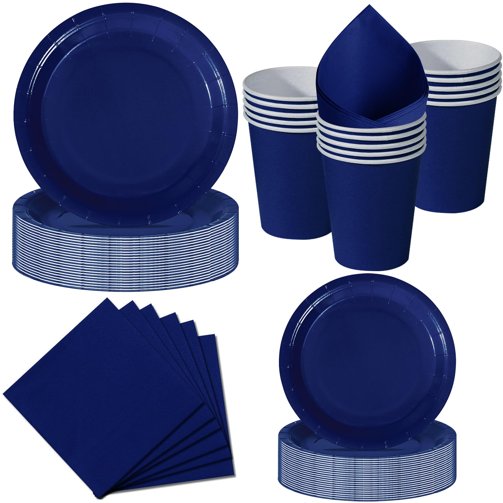 Nkaiso Party Plates Cups and Napkins Set, 50 Piece Navy Blue Party Tableware, Disposable Paper Plates Cups Napkins for Birthday BBQ Picnic Dinnerware Party Supplies