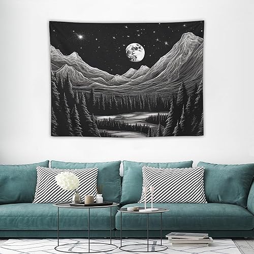 Miniatura 3 de BAHELS Tapiz estético de noche estrellada en blanco y negro, luna, estrellas, naturaleza, montaña, tapiz de tela, decoración de pared para