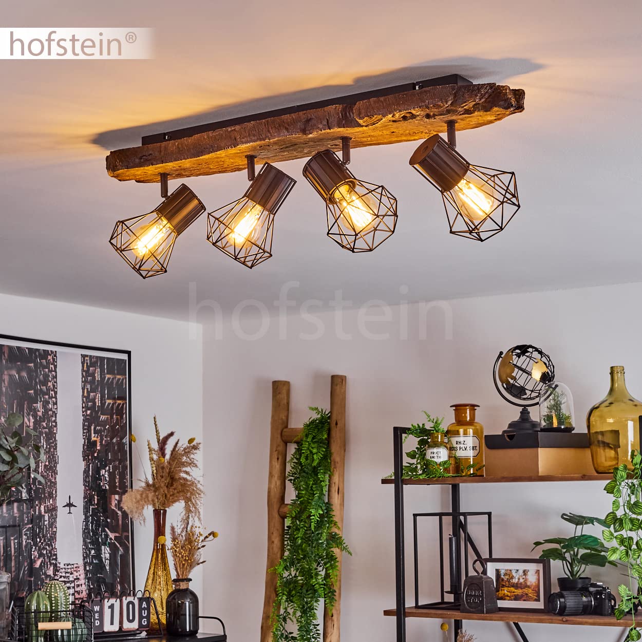 HOFSTEIN Deckenleuchte Bardhaman, verstellbare Deckenlampe aus Metall in Schwarz/Holzoptik, Leuchte im Industrial/Retro/Vintage-Design mit Lichteffekt, 4 x E27, Wohnzimmer, Esszimmer, Schlafzimmer