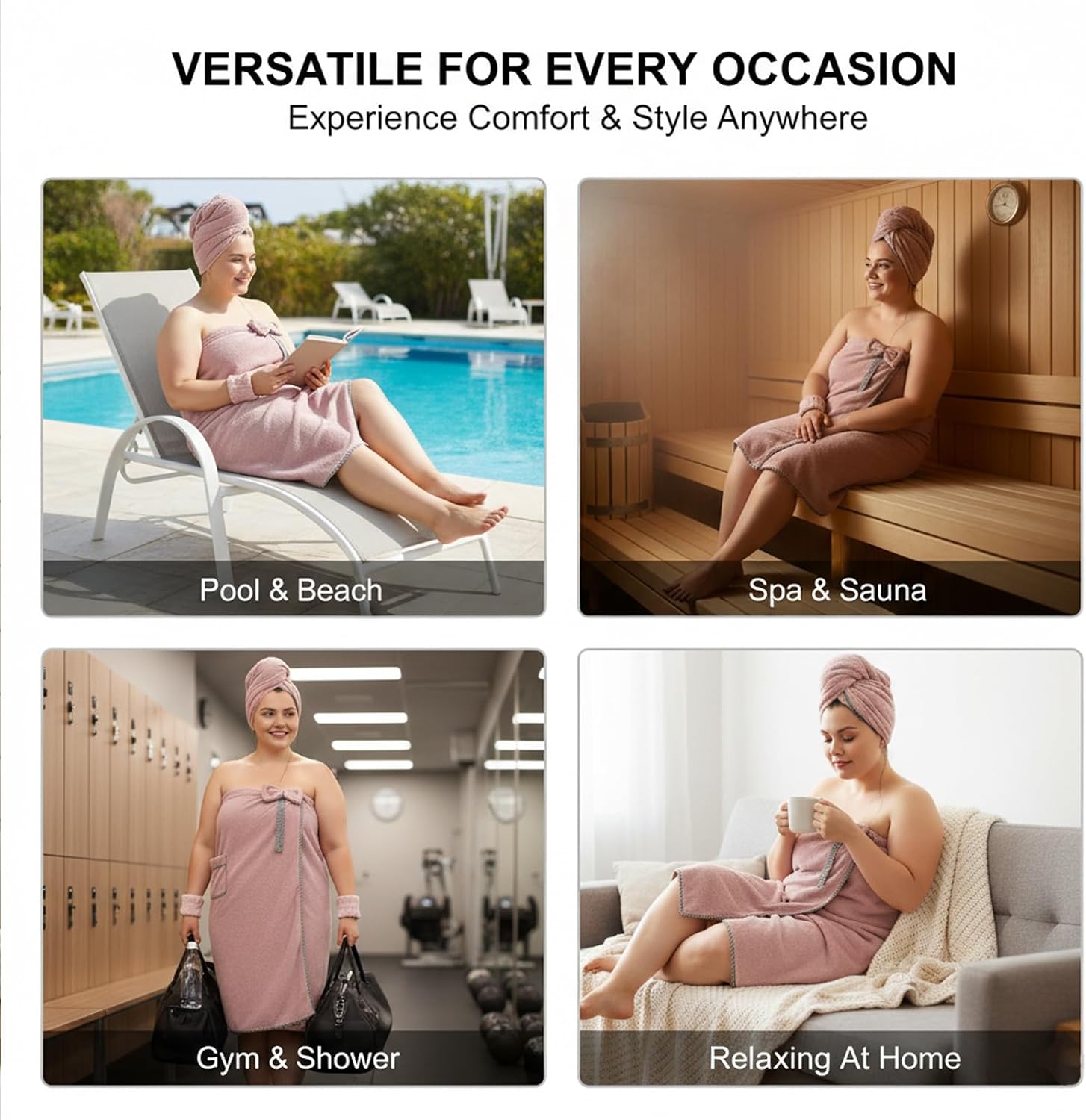 Defresit Plus Size Women's Towel Wrap (XXL-XXXXL) with Hair Towel Wristbands Lightweight Shower Wrap Spa Bathrobe Body Wrap Adjustable Quick-Dry Comfortable Bath Towel Set Machine Washable Blush Pink