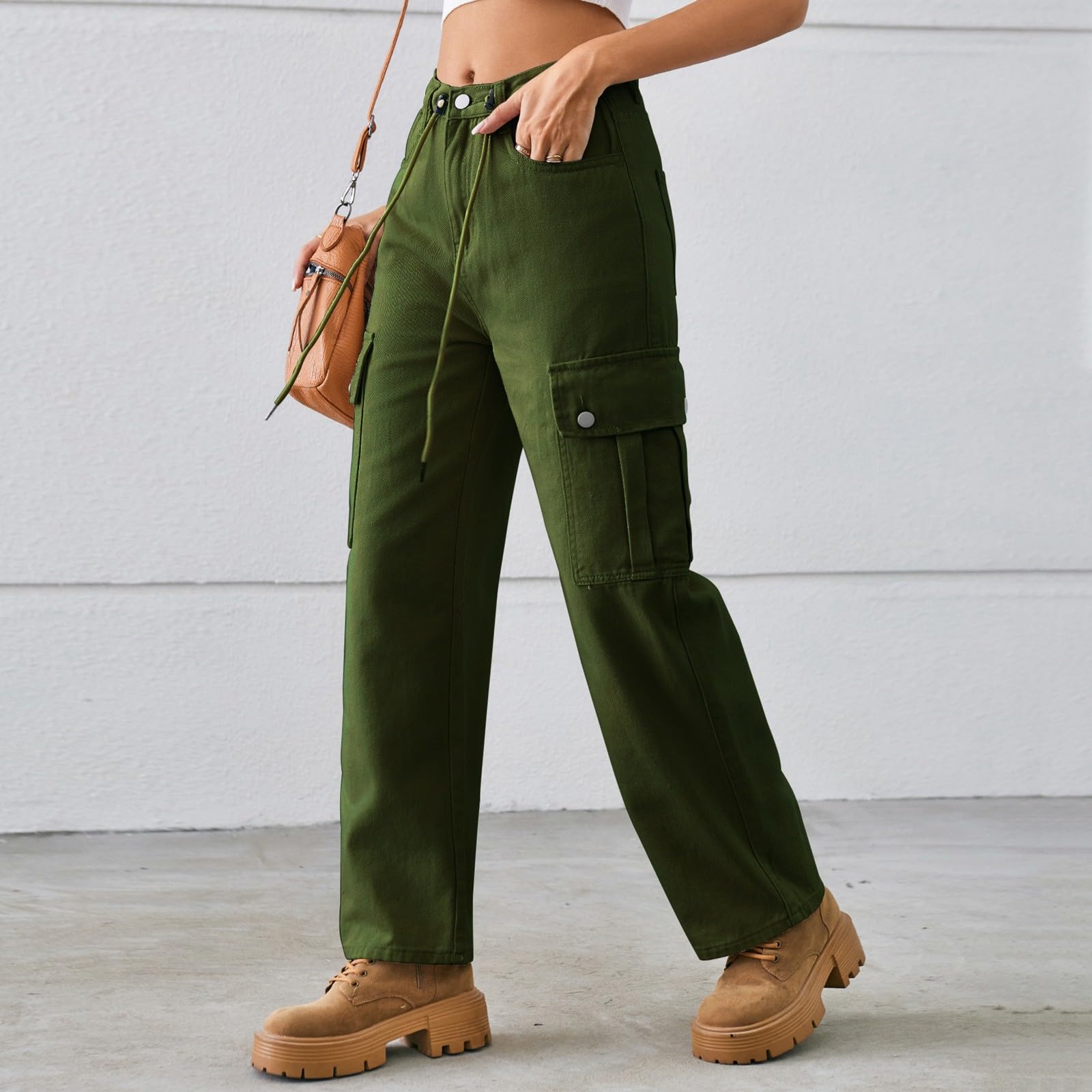 Generisch Sporthose Damen Einfarbige Damen-Jeans mit Kordelzug, verstellbare Gewaschene Cargohose, Freizeithose (Army Green, XL)