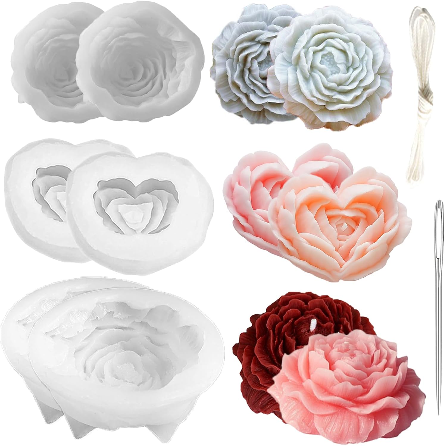 6 Pack Large&Small Peony Flower Candle Molds Unique Flower Silicone Molds with Large-Eye Wicking Needle,Candlewick for Candles Epoxy Resin Wax Soap Clay Plaster Crafts Casting Home Décor