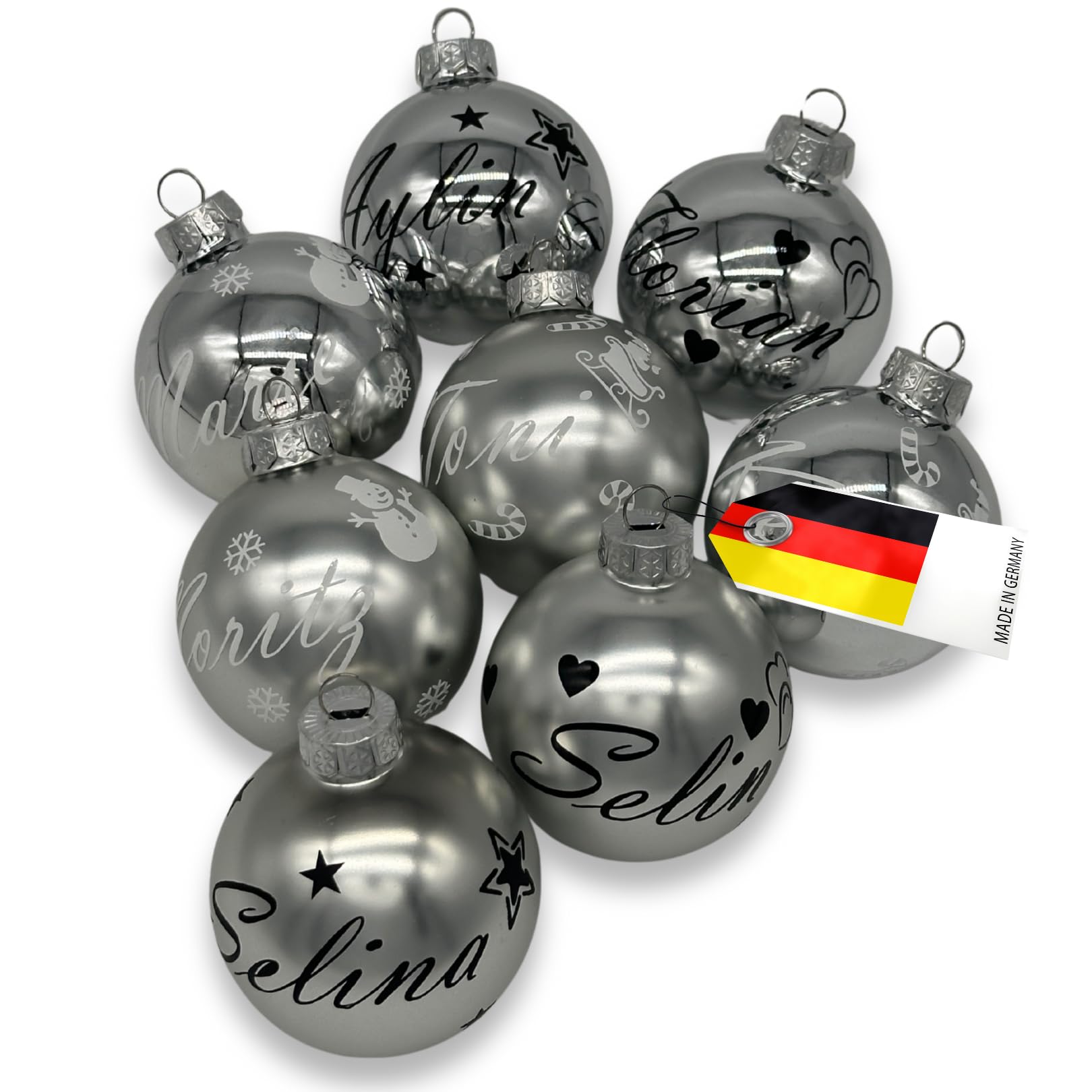 Weihnachtskugel Glas 6 cm personalisiert – mit Name, Motiv oder Buchstabe –, Geschenkidee mit Herz, Weihnachtsmann, Stern oder Tannenbaum – Handgemacht & einzigartig (Silber)
