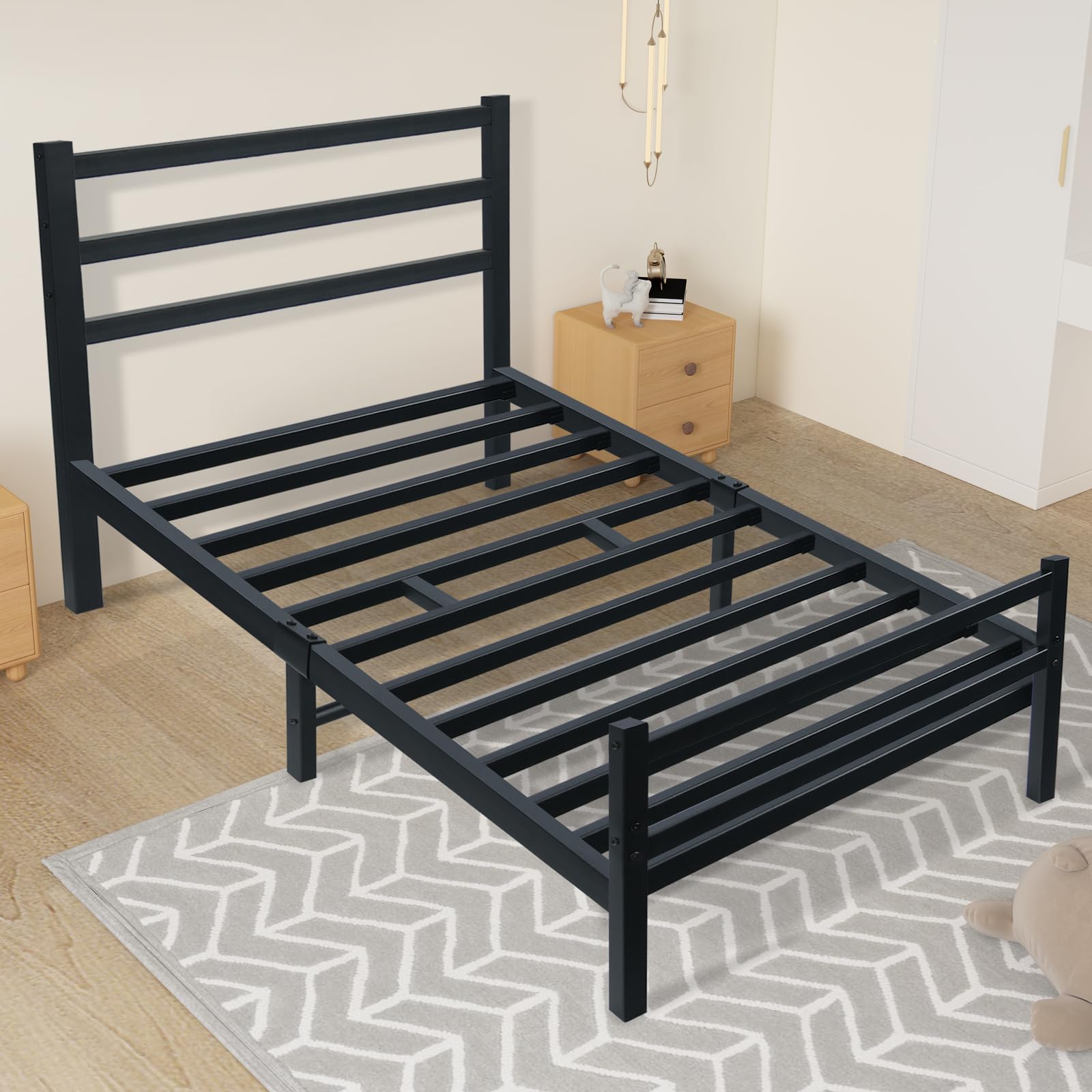 Twin Bed Frames with Headboard and Footboard, Heavy Duty Bed Frame with 12 inch Under Bed Storage, Steel Slats Support, No Box Spring Needed, Noise Free, Black