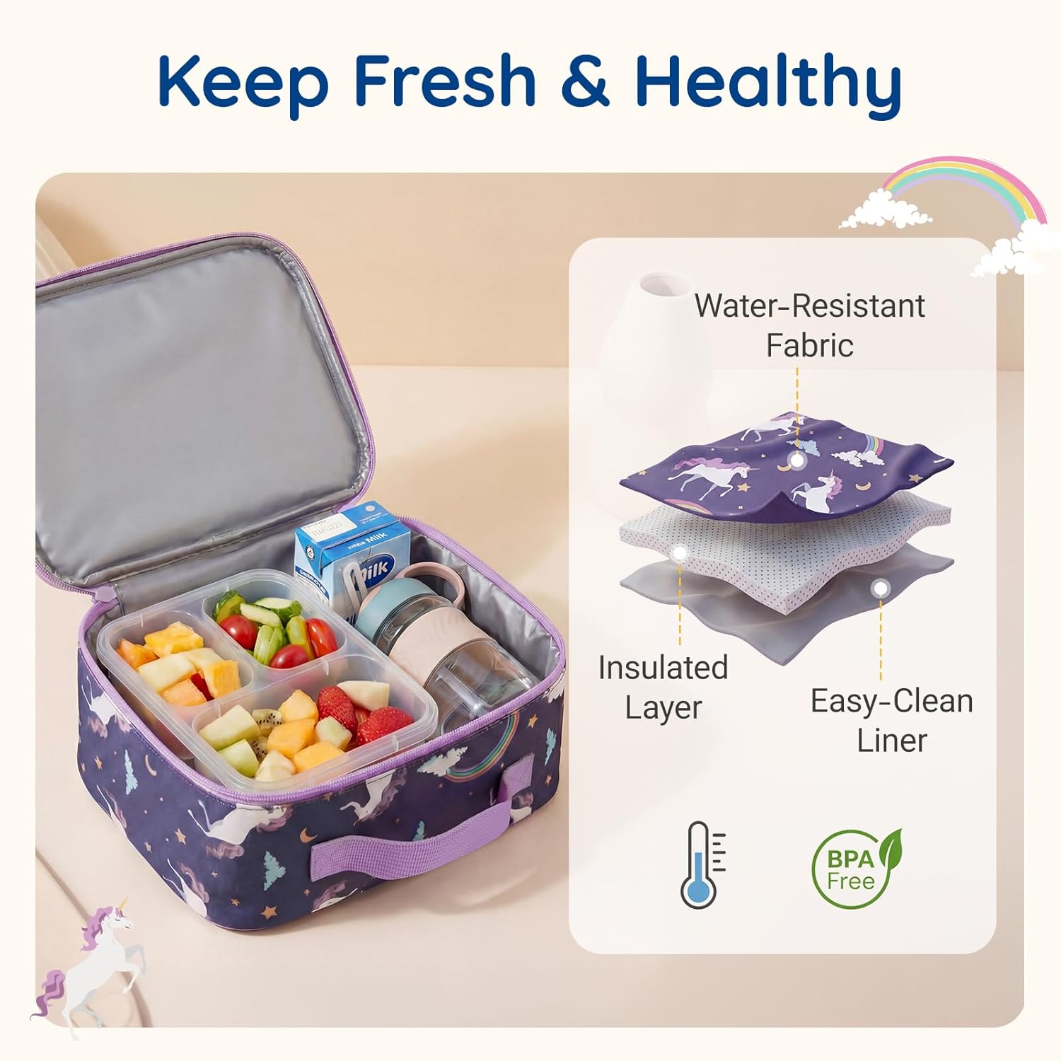 mommore Kids Backpack for Girls 4-8 with Lunch Box Elementary Kindergarten Preschool School Backpack 15'' Fit Folders Bottles, Purple Unicron