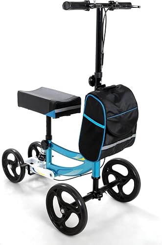 Folding Knee Scooter with Rear Suspension, Steel Frame, Adjustable Height, 8 Inch Wheels, Padded Seat with Storage Bag