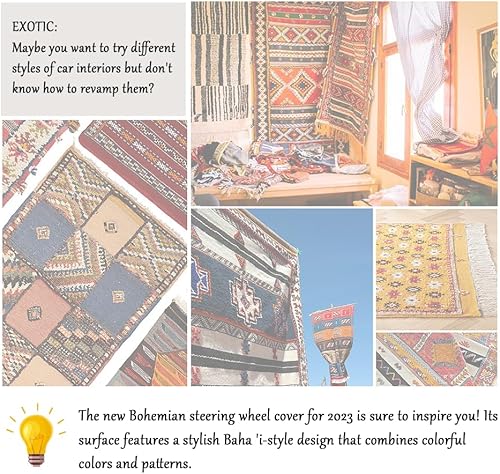 Miniatura 4 de Funda para volante de automóvil de 15 pulgadas, funda elástica bohemia para volante de automóvil para mujeres y hombres, accesorios universales para