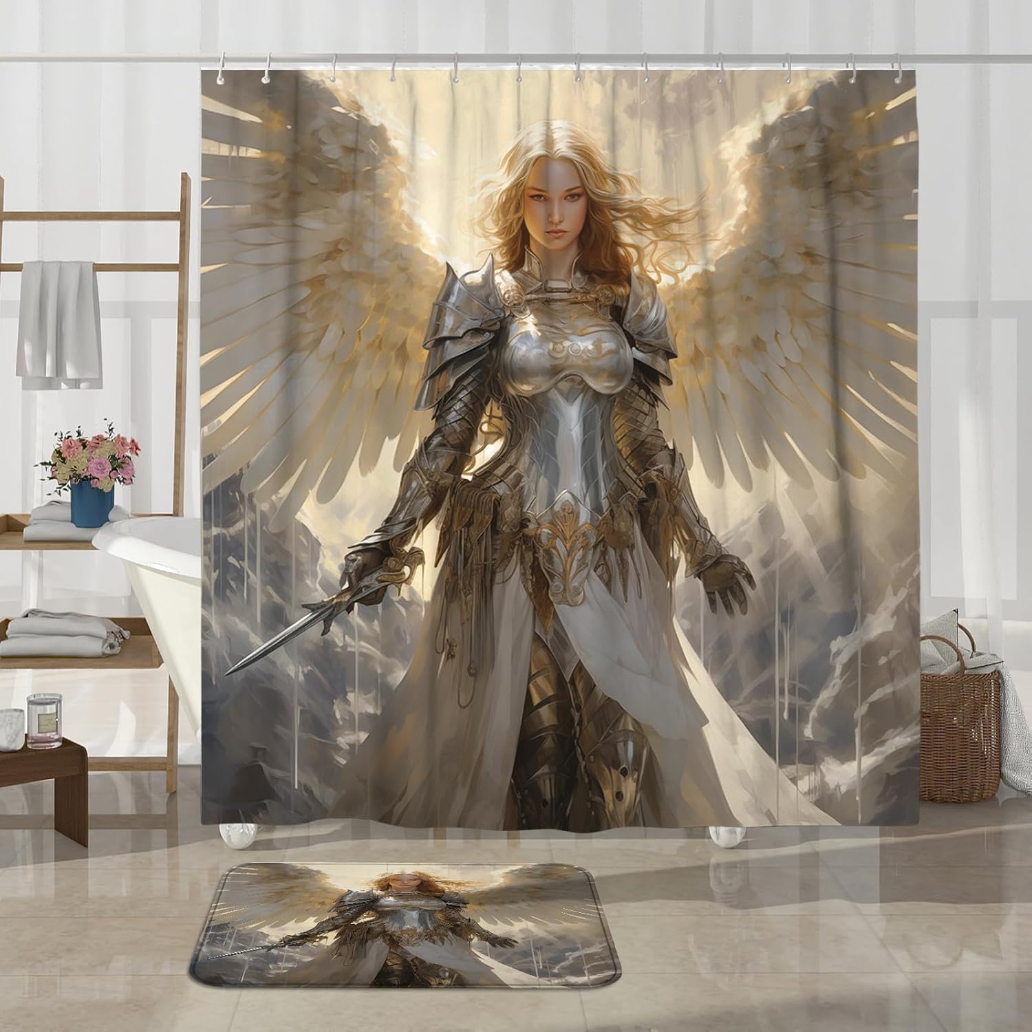 4PCS Fight Angel Shower Curtain Sets with Non-Slip Rug, U Shape and Toilet Lid Cover Mat, Angel Feather Wings Goddess Home Bathroom Accessory Sets Decor with 12 Hooks, 72 x 72 Inch