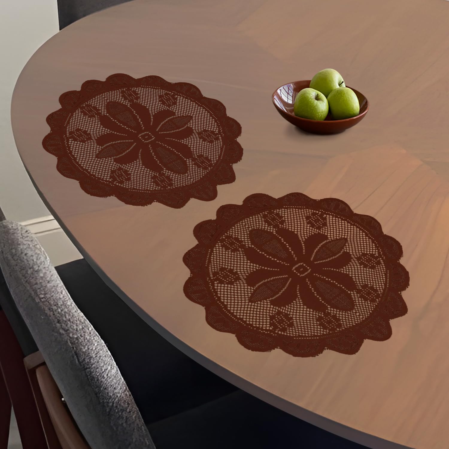 Kuber Industries Side Table Mat | Bed Side Table Mat | Round Plain Net Placemat Set | Bed Side Table Placemats for Home Décor | 20 Inch | Pack of 2 | Maroon