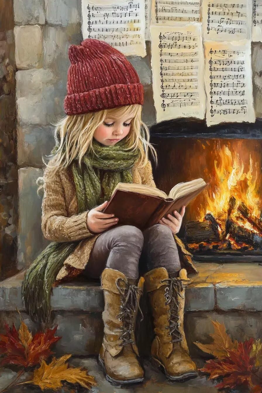 Anceky Vintage Tin Sign A Girl Reading Book By The Fireplace Metal Poster Retro Plaque Christmas Decor Vintage Wall Decor For Garden Men Cave Garage Living Room 8x12 Inch