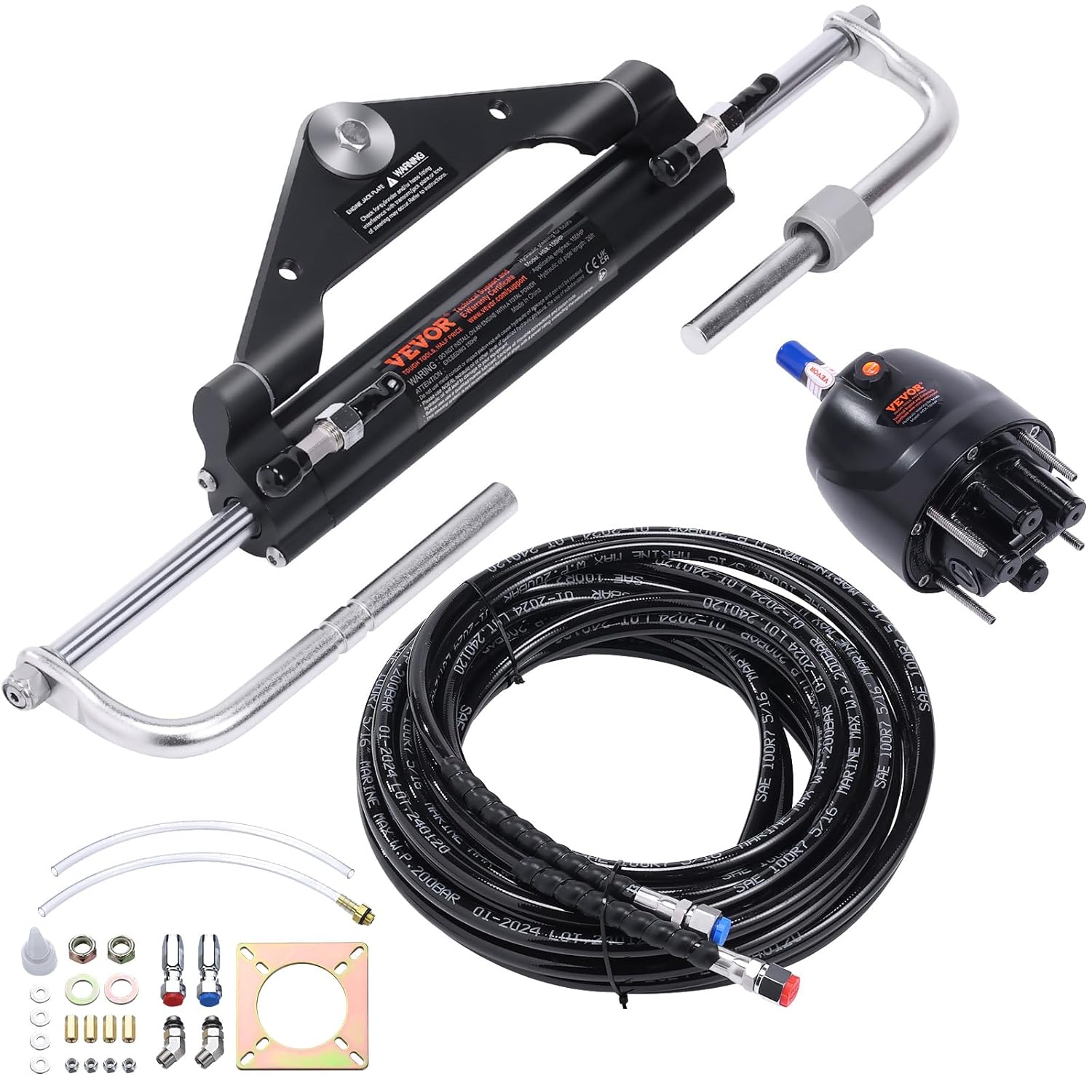 VEVOR Hydraulic Steering System Kit, 150HP, Marine Hydraulic Steering Kit, with 26 ft Hoses, Two-Way Lock Cylinder, Relief Valve, Air Pocket, Aluminum Alloy Housing, for Outboard-Powered Vessels Boats