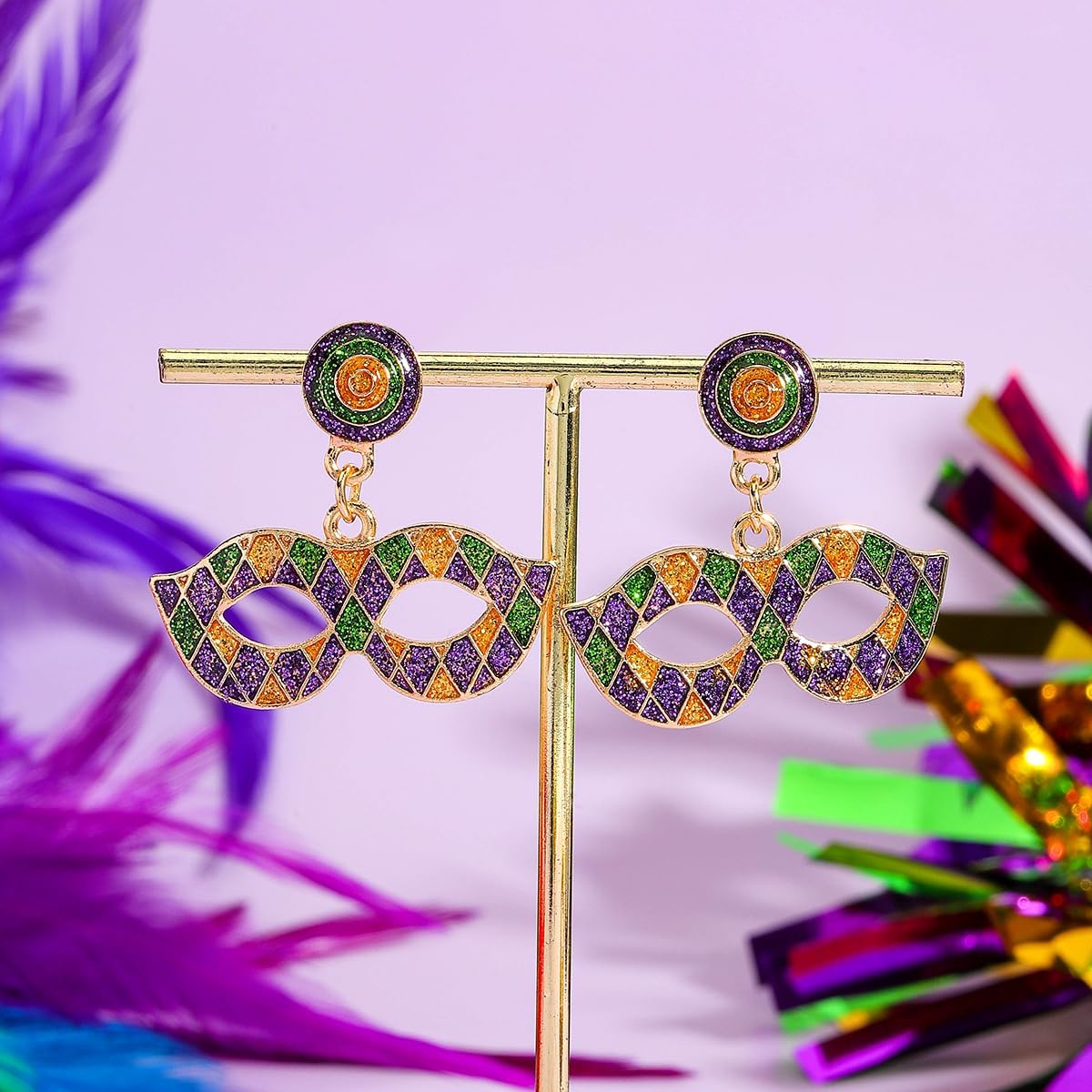 Mardi Gras Mask Hat Earrings for Women, Enamel Carnival Festival Drop Dangle Earrings, Purple Green Gold Party Statement Jewelry Gift - Image 2