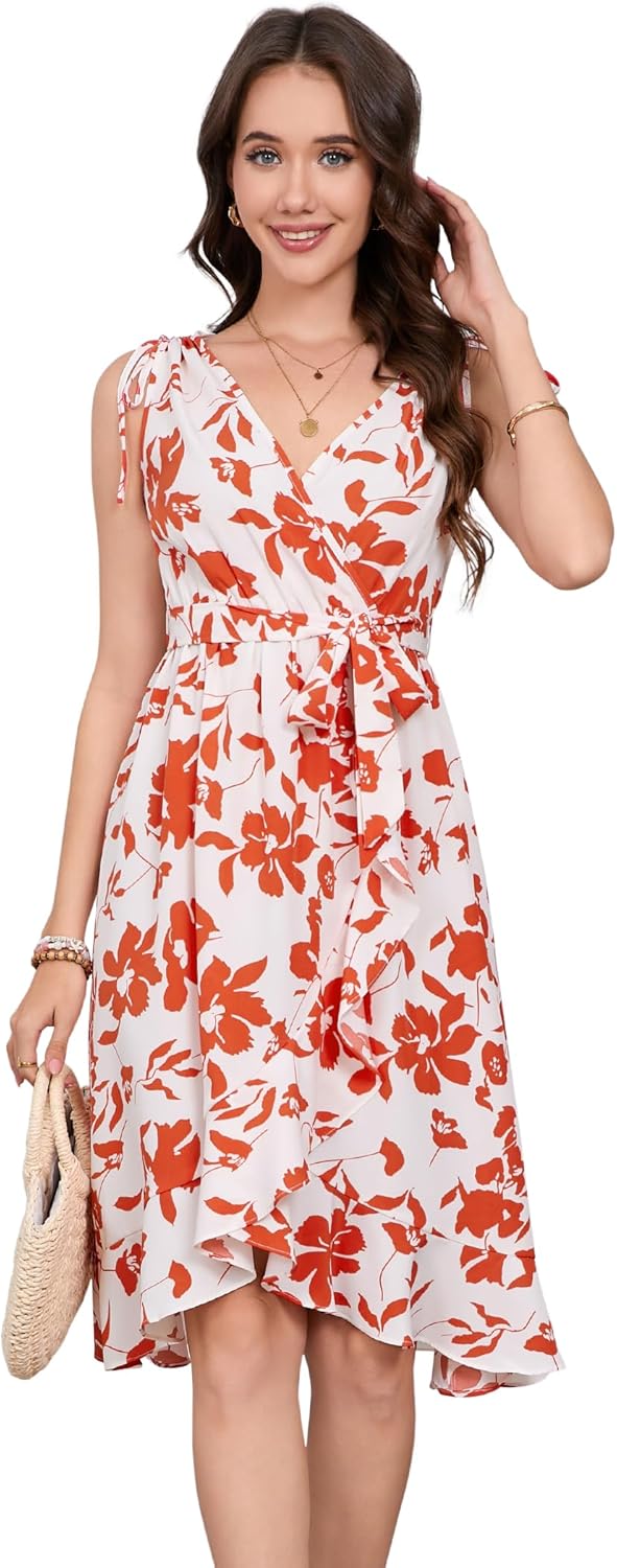 BLUEMING レディース サマーラップ Vネック フローラルプリント ミディドレス ノースリーブ フラウンス 流れるような不規則