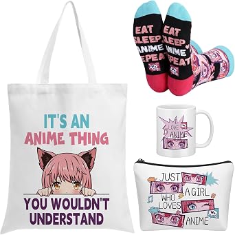 Glitopper 4 Pcs Anime Gifts Set for Women Anime Lovers with Cute Tote Bag Makeup Bag Cartoon Crew Socks 11 oz Coffee Mug for Back to School Birthday Holiday Party Favors