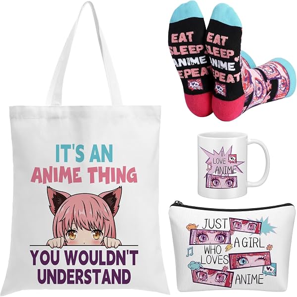 Glitopper Set de 4 regalos de anime para mujeres amantes del anime, favores de fiesta | Linda bolsa tote de anime, bolsa de maquillaje, calcetines de tripulación de dibujos animados, taza de café de 11 oz, para regreso a clases, cumpleaños, regalos navideños