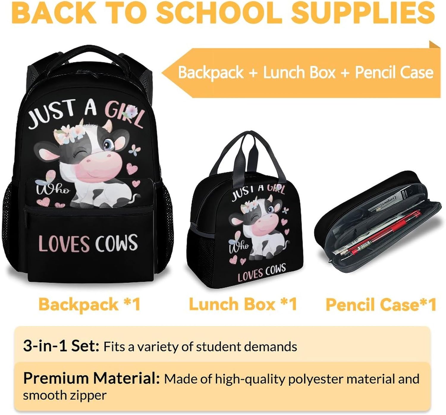 Cow Backpack with Lunch Box, Set of 3 School Backpacks Matching Combo, Cute Bookbag And Pencil Case Bundle