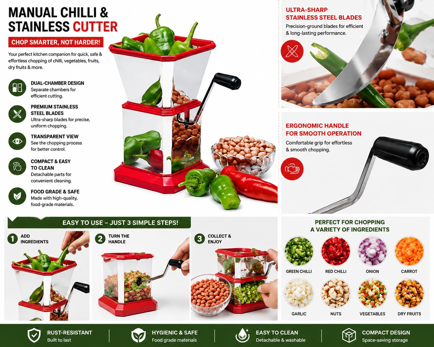 Red Manual Food Chopper - Fast & Easy Prep -8