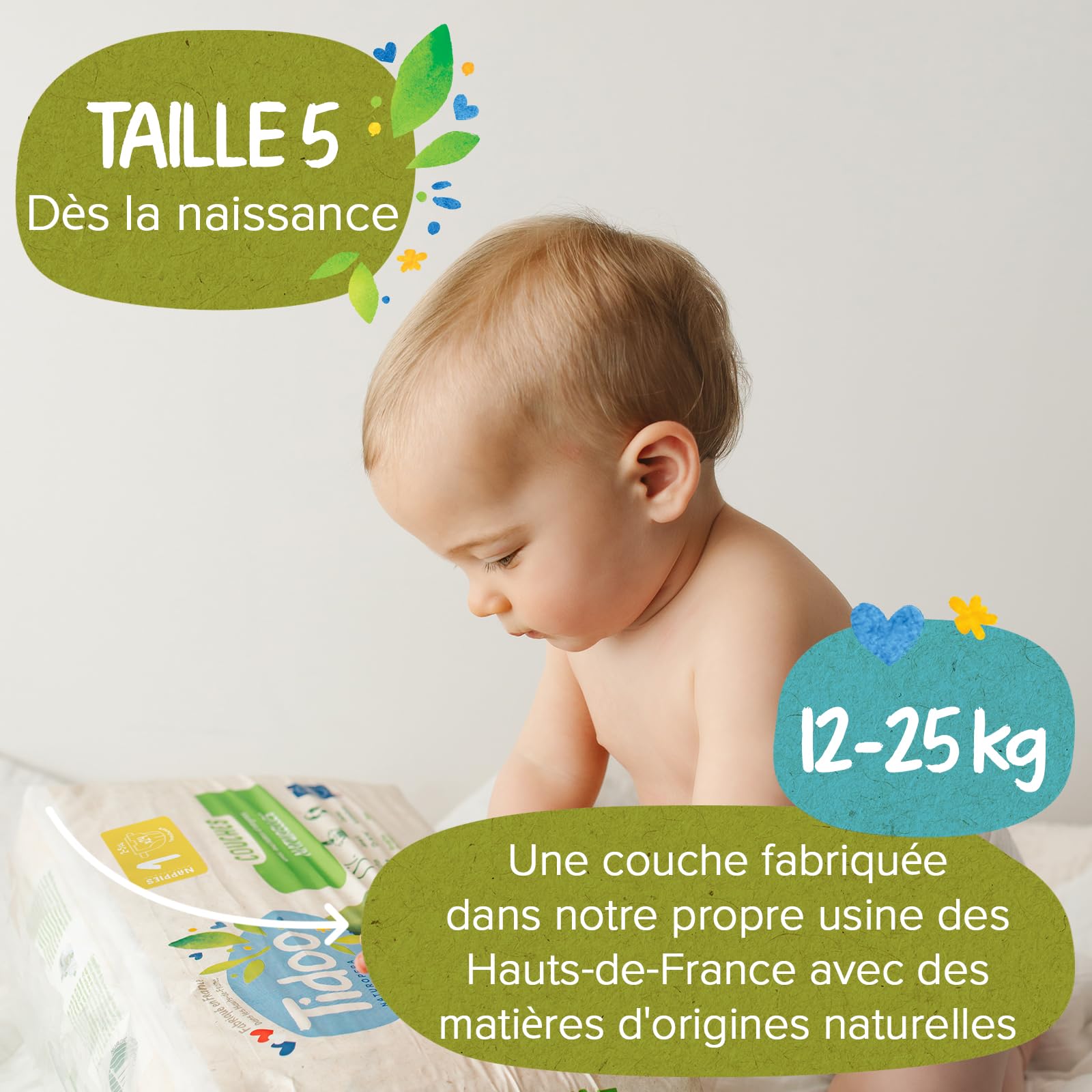 TIDOO - Couches écologique Taille 5 (12-25kg) - Origine Naturelle, sans substances nocives - 12h au sec, ultra absorbantes - Fabriquées en France - 120 Couches Jetables - Pack 1 Mois