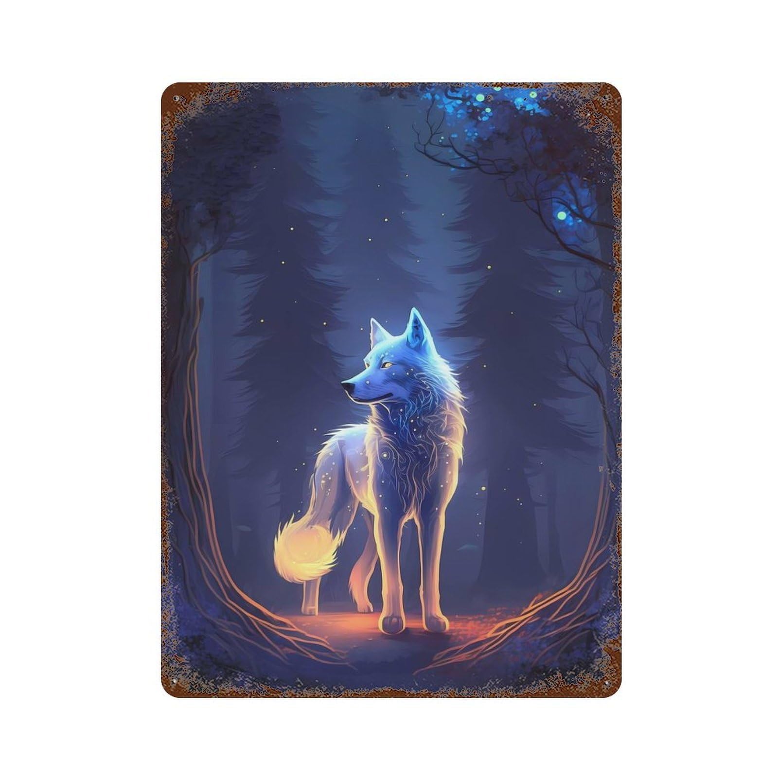 Glowing Enchanted Wolf 15.7"x11.8" Weathered Tin Sign, Decorative Metal Wall Art for Cafe, Home Bar And Lounge Decor