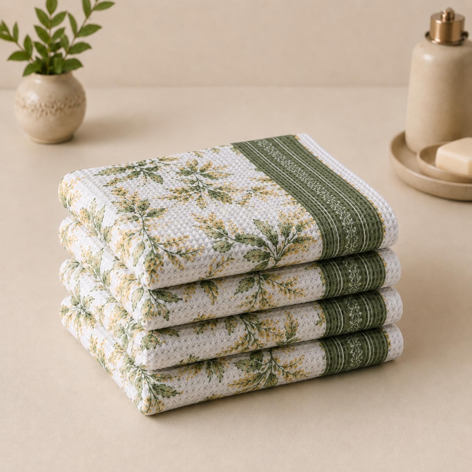 Cotton Rich Printed Waffle Hand Towel | Lightweight | Anti Microbial & Water Absorbent | Soft Touch Quick Drying Towels (Sage Botanical, Pack of 4)-image-12