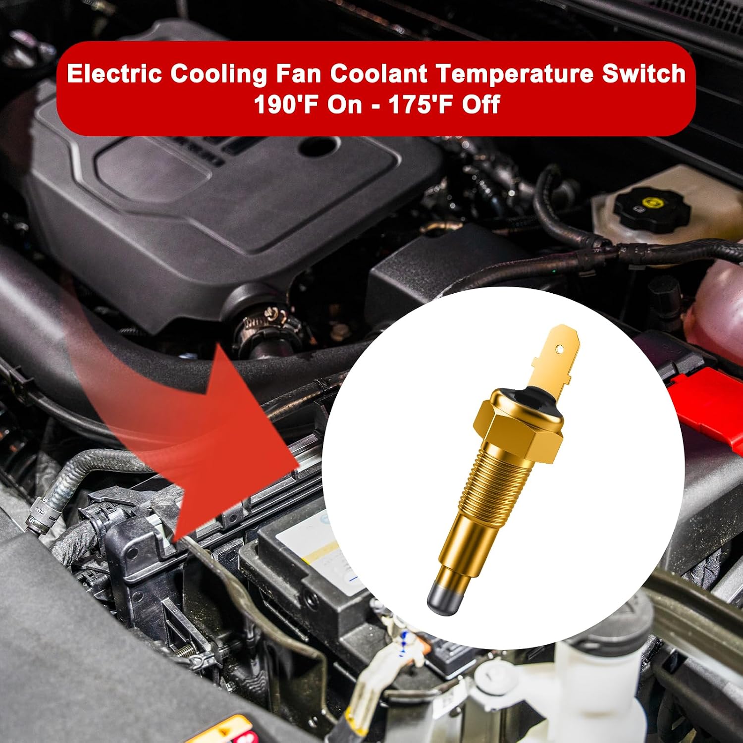 1/8" NPT Thermostat Fan Switch, 190'F On - 175'F Off, Automotive Engine Electric Radiator Cooling Fan Temperature Switches Sensor