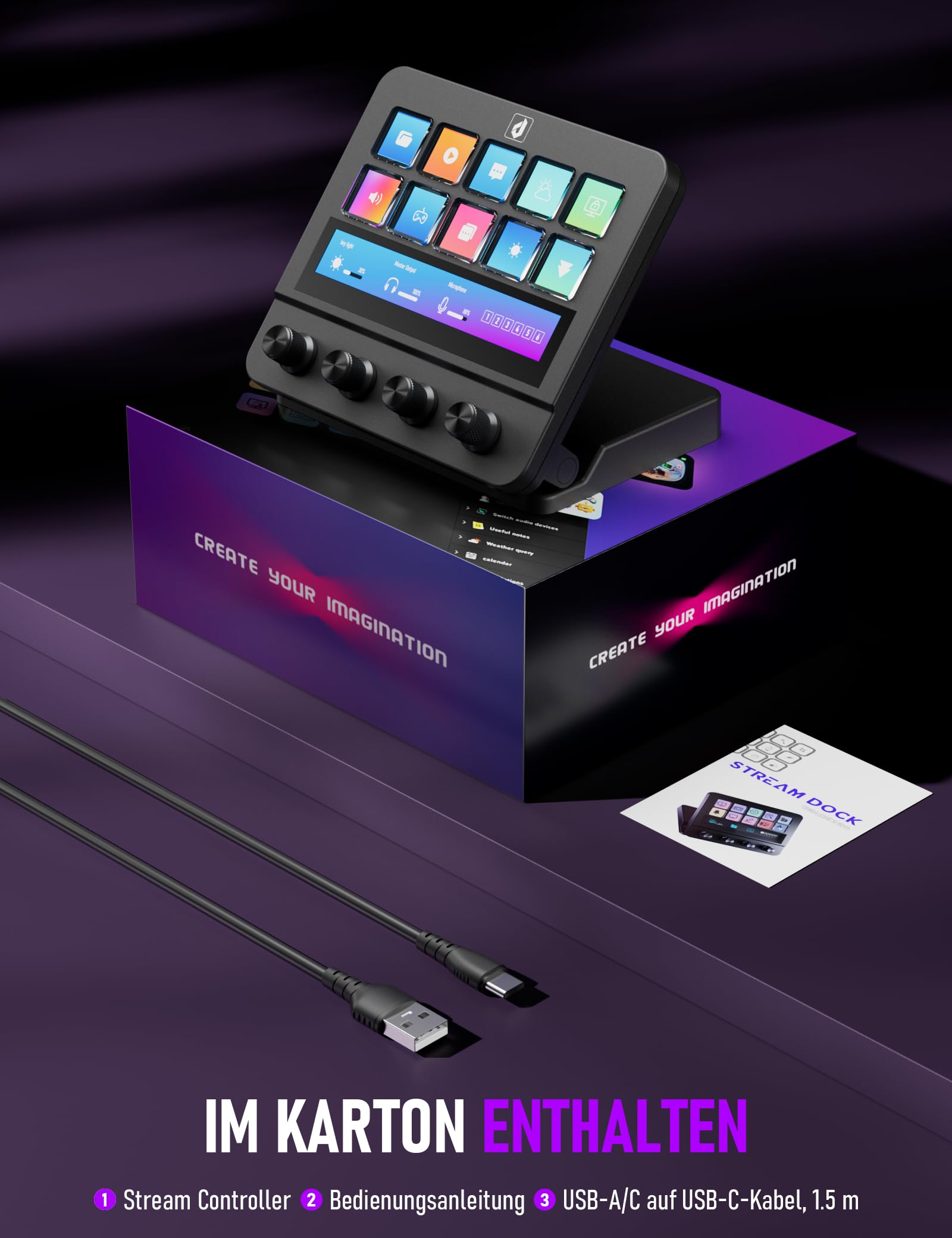 upHere Stream-Controller Makro-Pad Stream-Console–10 programmierbare LCD-Tasten & 4 Knöpfe,Touch Strip,USB MIDI Tastatur für Content-Creator,Gamer & Fachkräfte,kompatibel mit PC,Mac,CMN4EK