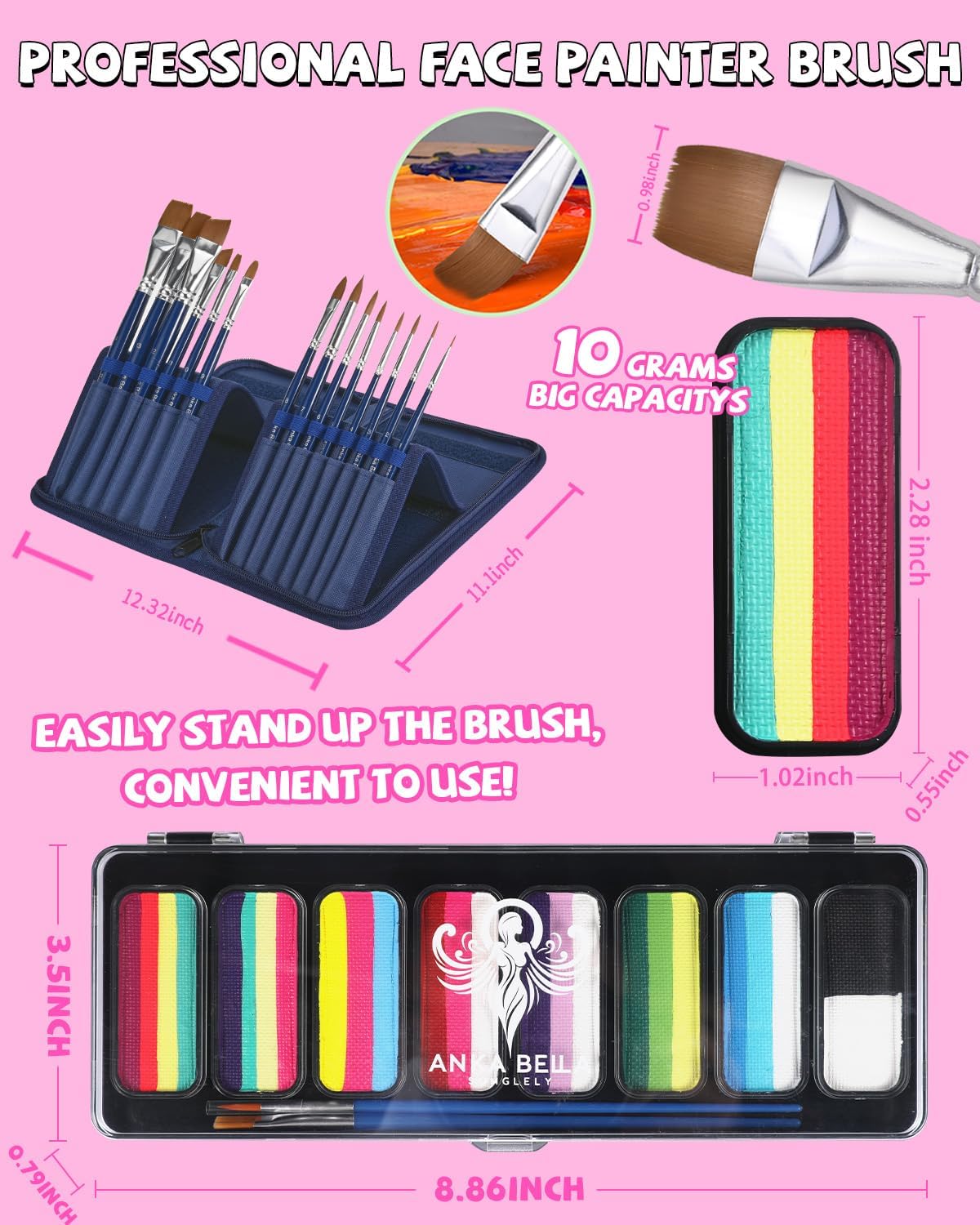 Anka Bella Professional Face Painting Kit for Kids,8X10gm Water Based Split Cake Face and Body Paint with Brushes,Hypoallergenic & Non-Toxic,Gift for Birthday Parties/Halloween/Carnival
