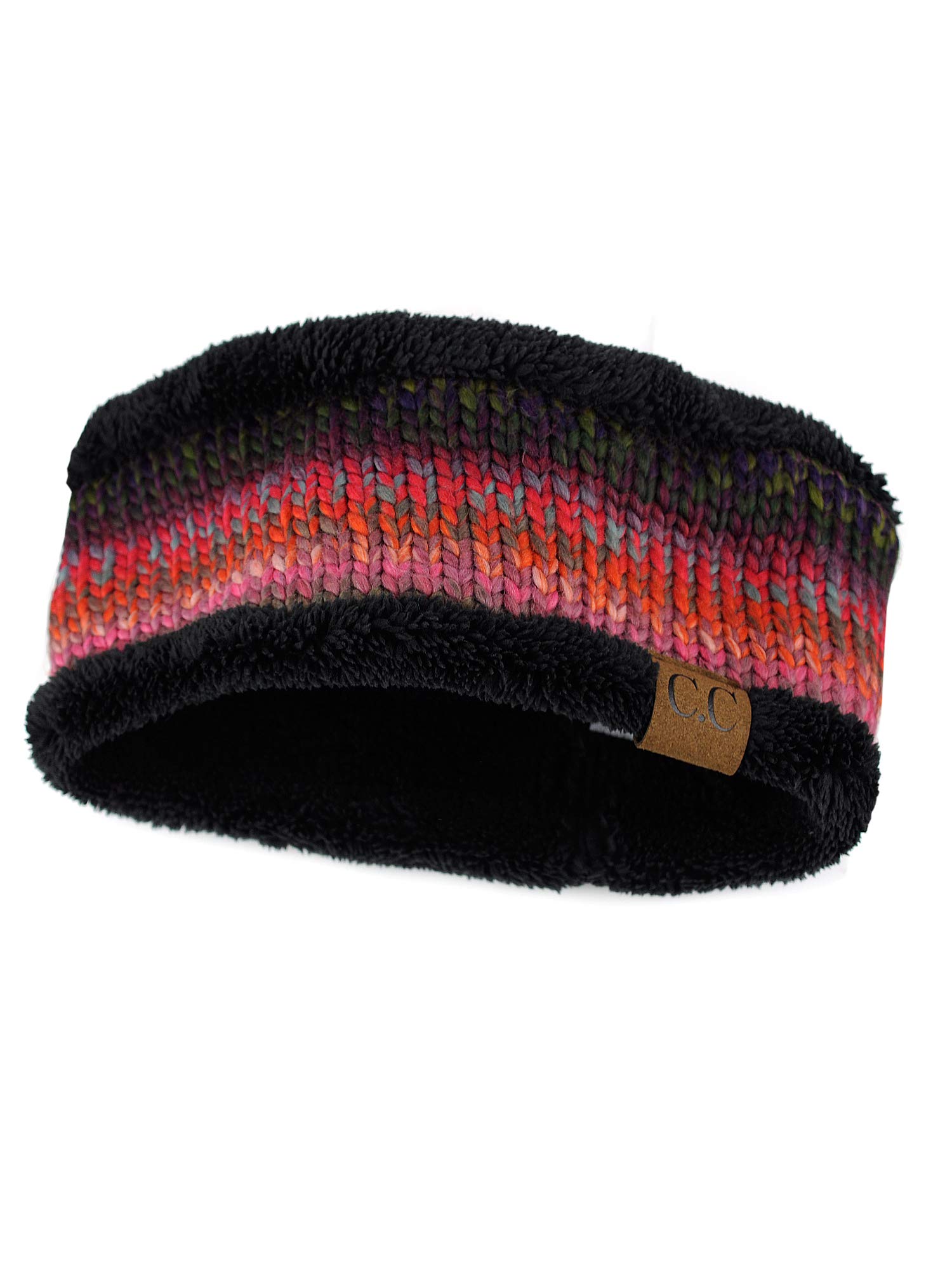 C.C Women's Multicolored Stretchy Knit Black Sherpa Lined Ear Warmer Headband-Burgundy Mix