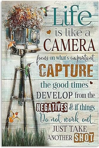 Letrero de metal vintage de estaño para fotógrafo, Life is Like A Camera Focus On What Important Capture Retro Wall Art Decor Pintura de hierro para