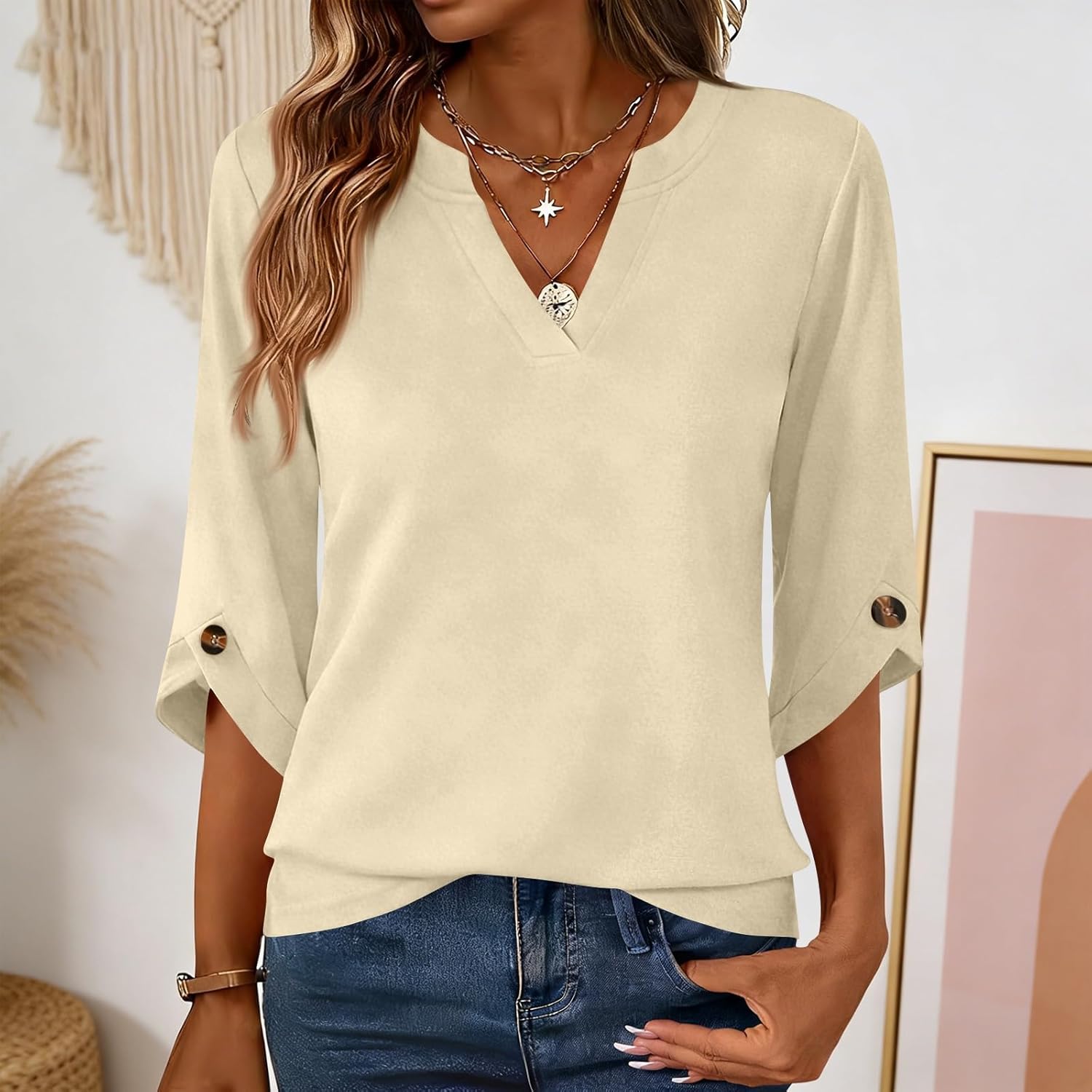 3/4 Length Sleeve Womens Tops V Neck T Shirts Plus Size Loose Fitting Tops Work Blouses Dressy Casual Outfits - Image 2