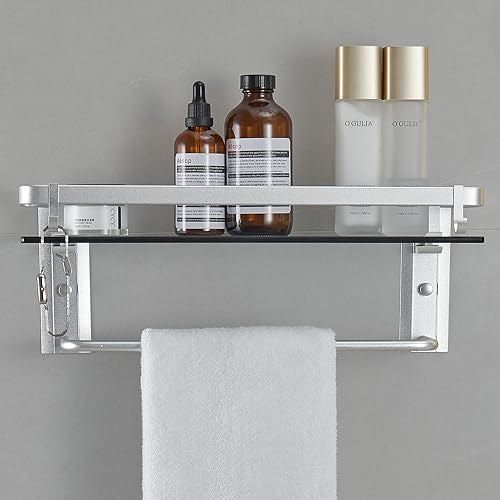 Miniatura 17 de VOLPONE Estante de vidrio para baño de 15.7 pulgadas, estantes de baño negros, estantes de vidrio templado montados en la pared con 4 ganchos