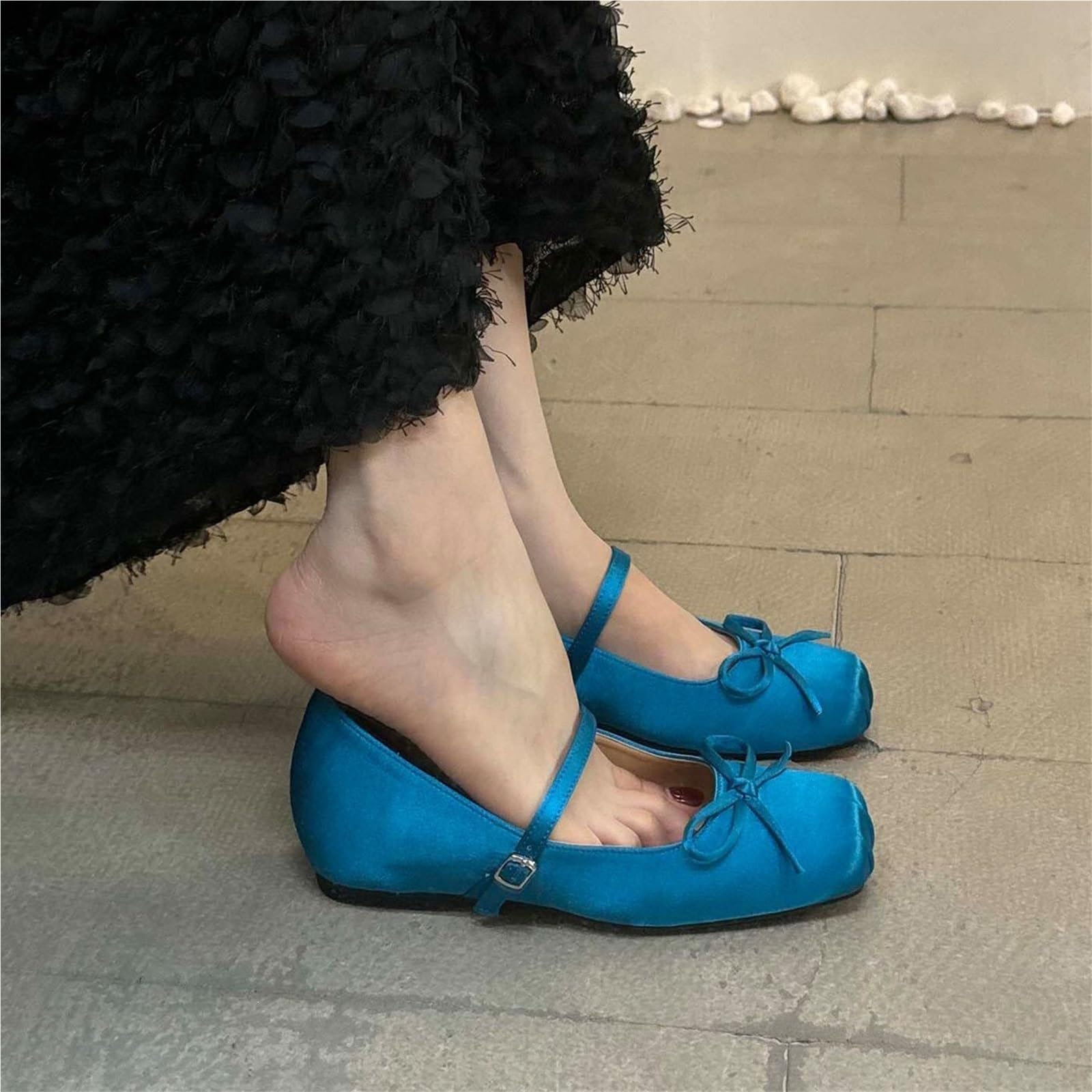 Ballerine Punta Quadrata Fiocco Zeppa Cinturino alla Caviglia