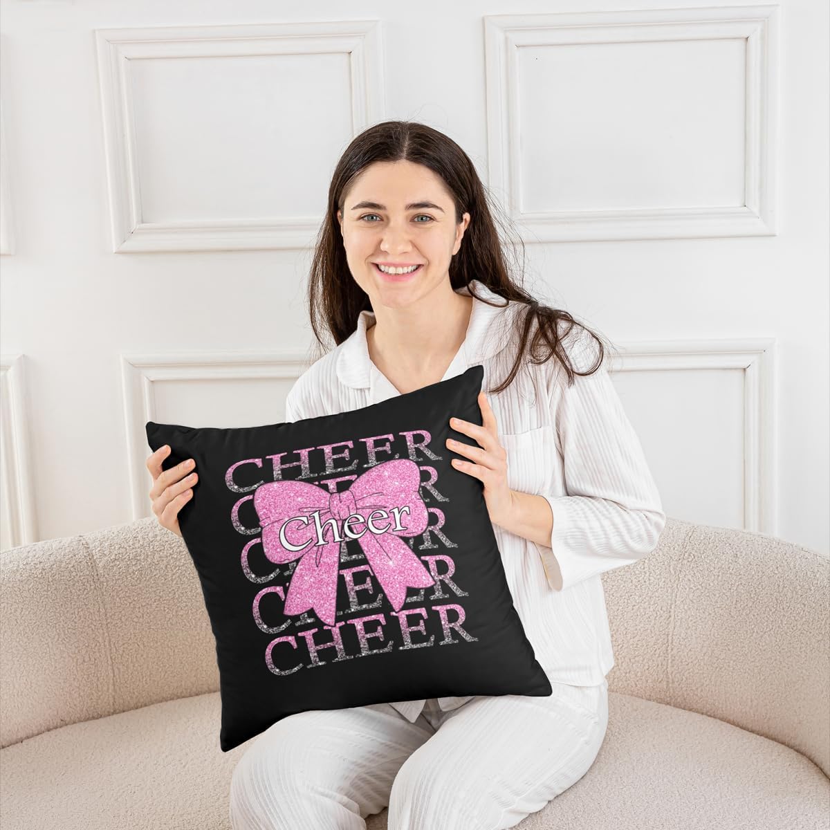 Feelyou Cheer Bow Throw Pillow Covers 1 Pcs Cheerleading Cushion Case Funny Sport Decor Pillowcase Pink Indoor Outdoor Super Soft 24 x 24-Inch