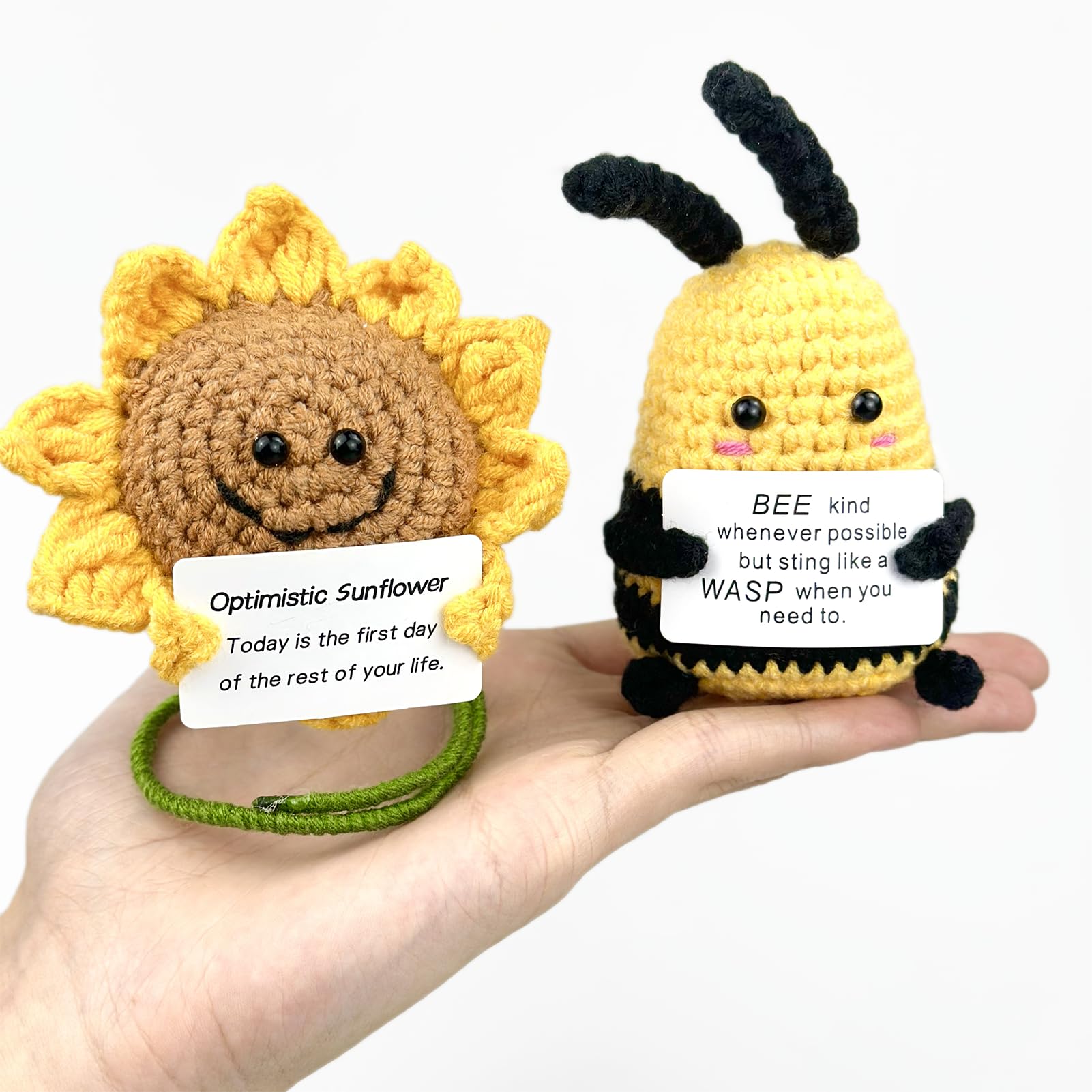 lulucross Crochet Bee and Sunflower Positive Emotional Support Gifts – Cute Desk Buddy Set with Encouragement Cards, Stress Relief Decor for Women Men