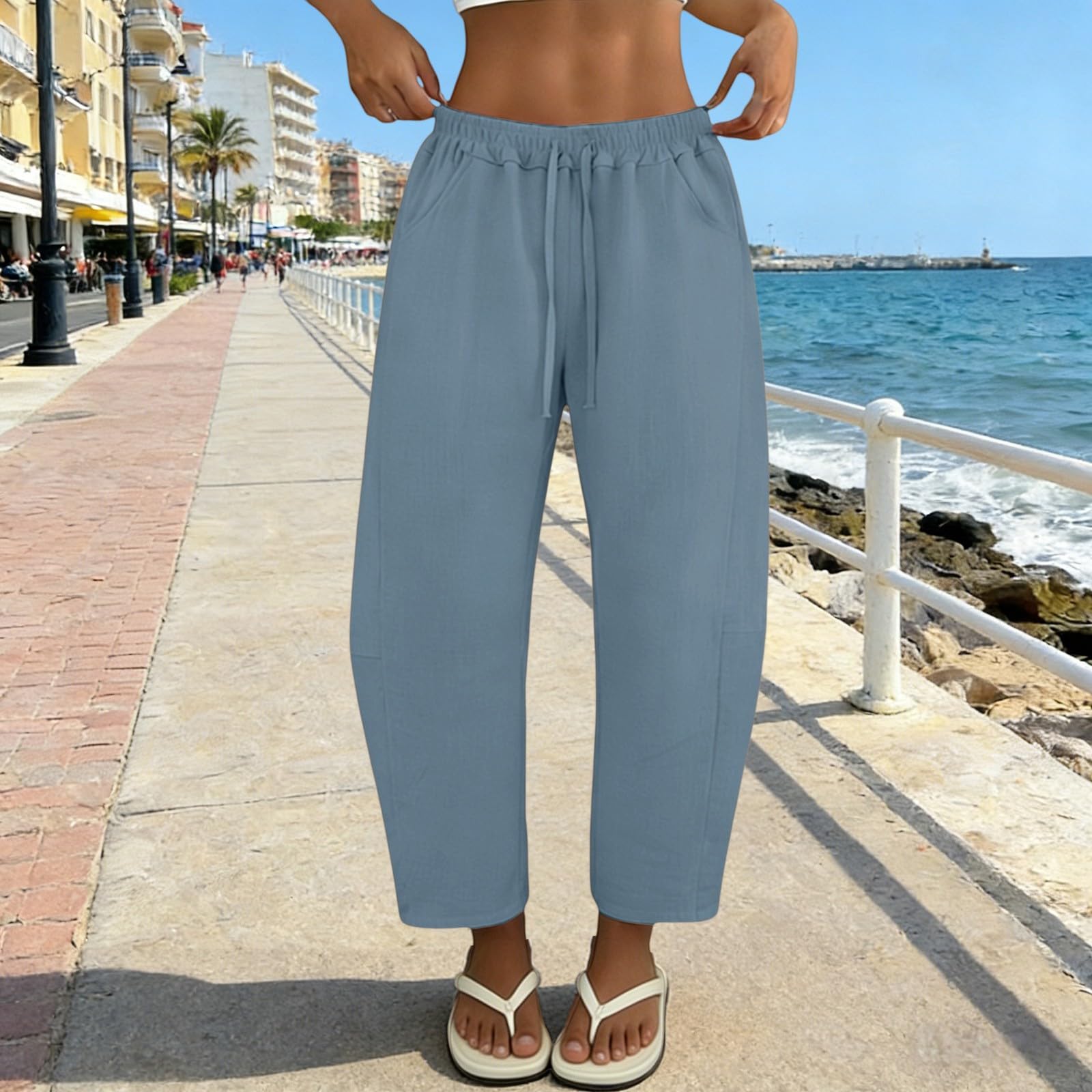 Pantaloni estivi da donna in lino, leggeri, larghi, in misto cotone e lino, vita elasticizzata, con coulisse, casual, con tasche, per yoga, per le vacanze