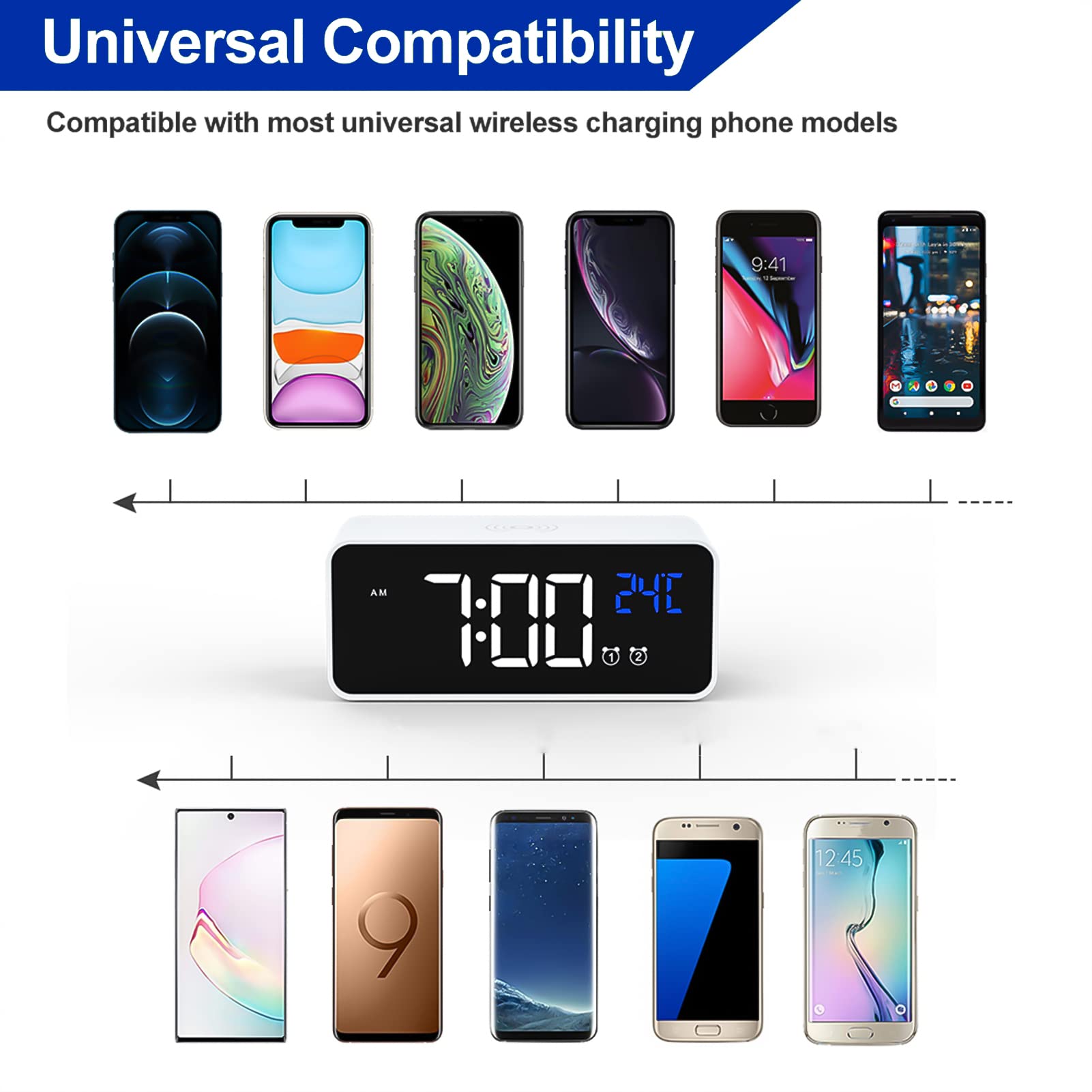 Sveglia elettrica, Orologi digitali a LED con caricabatteria Wireless Snooze e Orologio da Tavolo Regolabile con luminosità