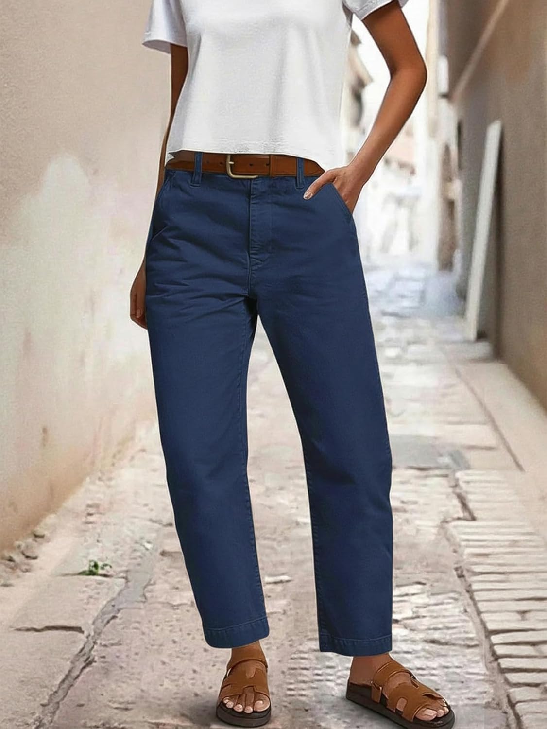 Flamingals Straight Leg Low Rise Barrel Pants Casual Stretchy Vintage Carrot Chino Pants for Women Trendy Without Belts - Image 4