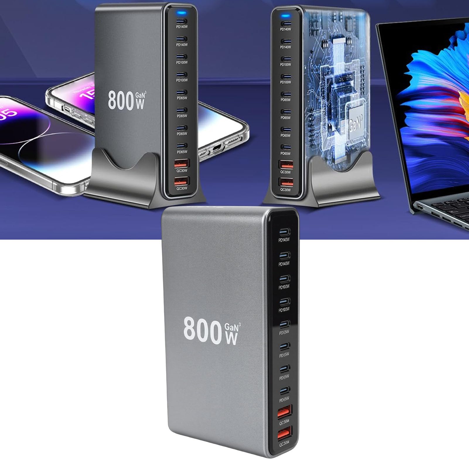 Sxhlseller Stazione di Ricarica USB C da 800 W, 8 Porte 2x140 W 2x100 4x65 2xQC30, Hub Caricabatterie Rapido PD3.1 per Tablet Telefono Portatile, Caricatore da Tavolo Compatto (Spina europea)