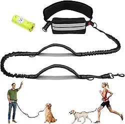 Coleira de cachorro mãos livres, guia de corrida para cães com 2 alças e bolsa, correia elástica de nylon para cães com cinto e alça acolchoada com listras refletivas para corrida, caminhada, corrida