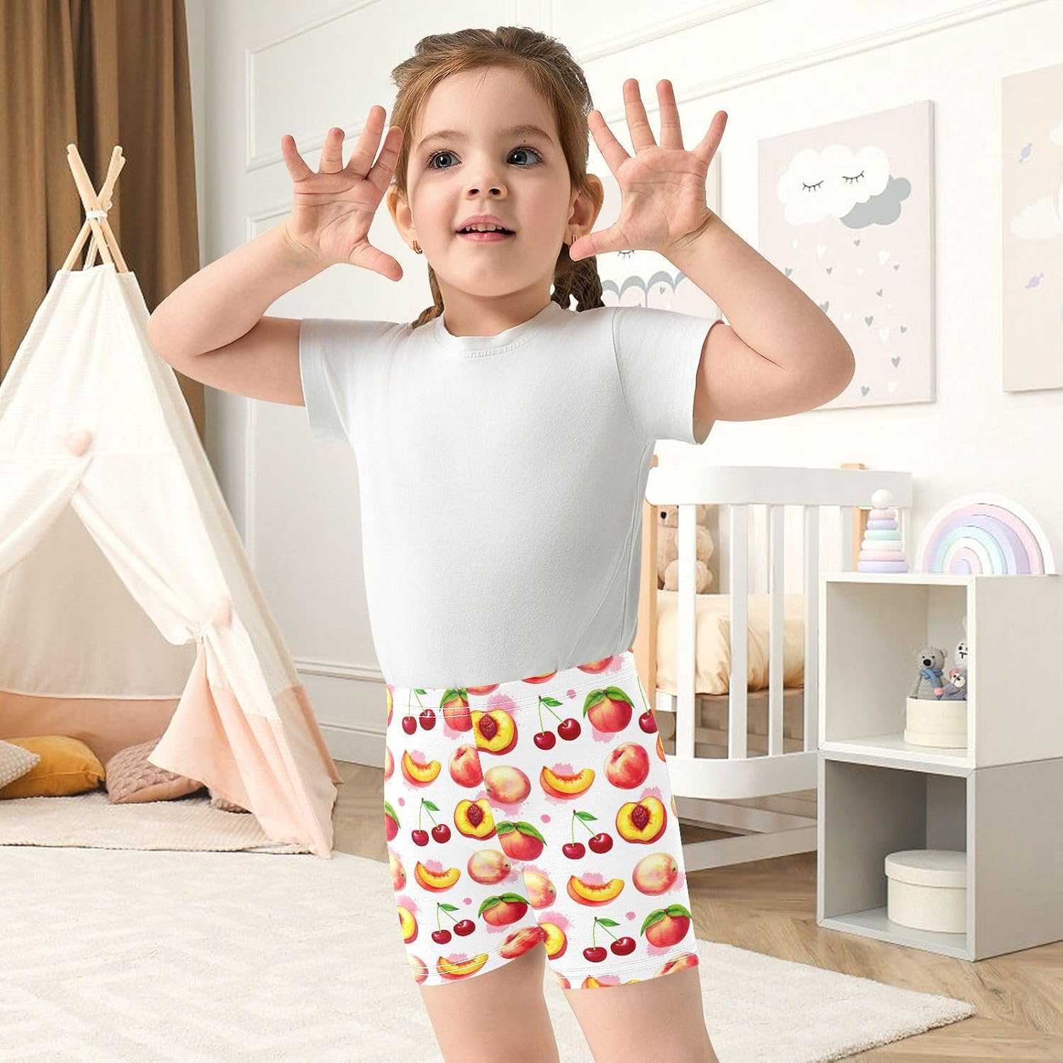 Peach Cherry Fruit White Girls Bike Shorts Toddler Soft Cotton Active Under Dress Shorts