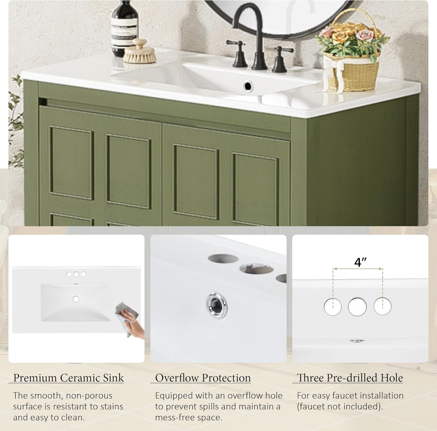 36" Bathroom Vanity,Farmhouse Vanity with Ceramic Sink, Set Bathroom Storage Cabinet, Olive Green